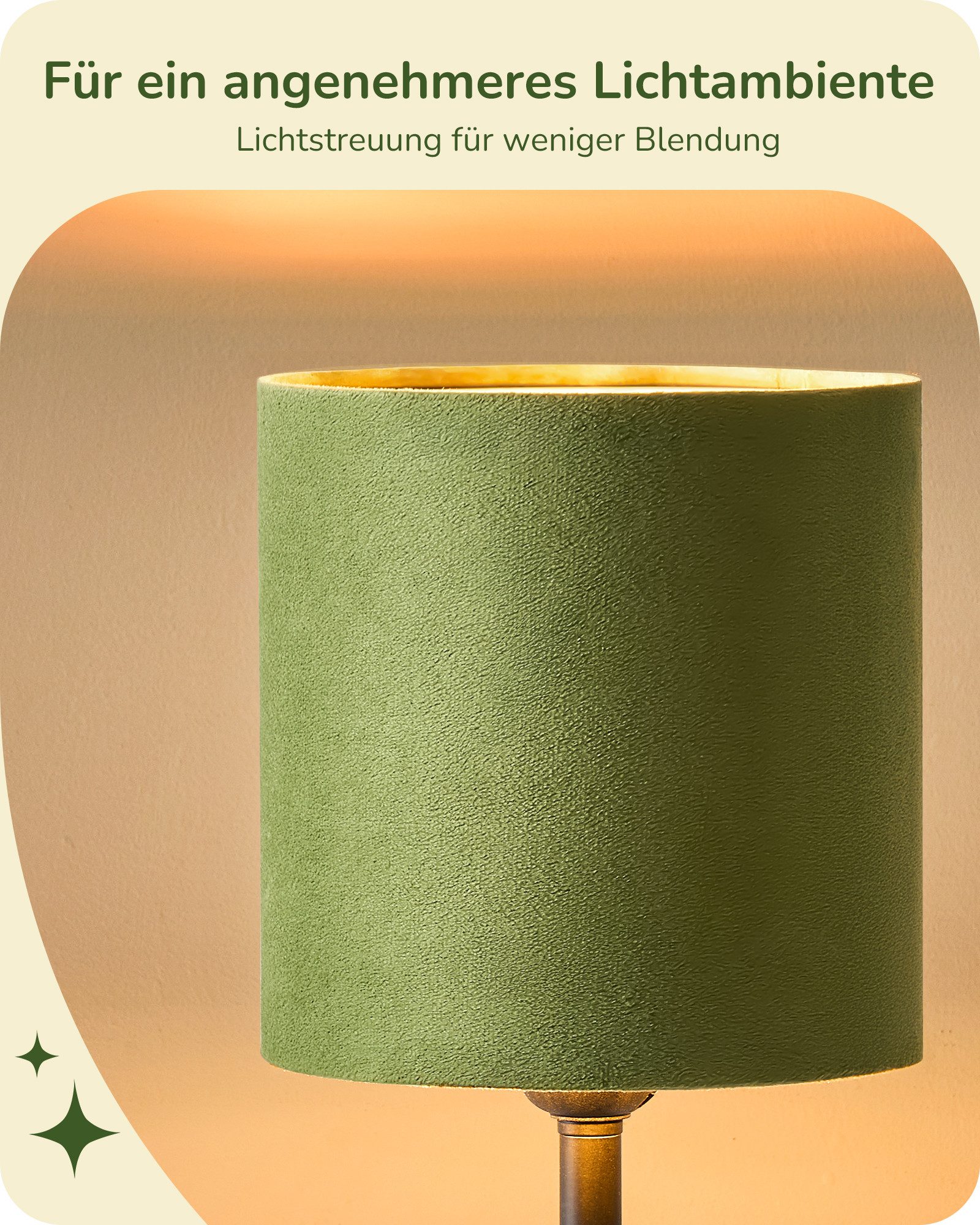 EDISHINE Nachttischlampe mit schwarzem Metallsockel und Samtschirm, LED wechselbar, Warmweiß, Grüne Gold Vintage Tischlampe inkl. 2700K LED Leuchtmittel, 38cm