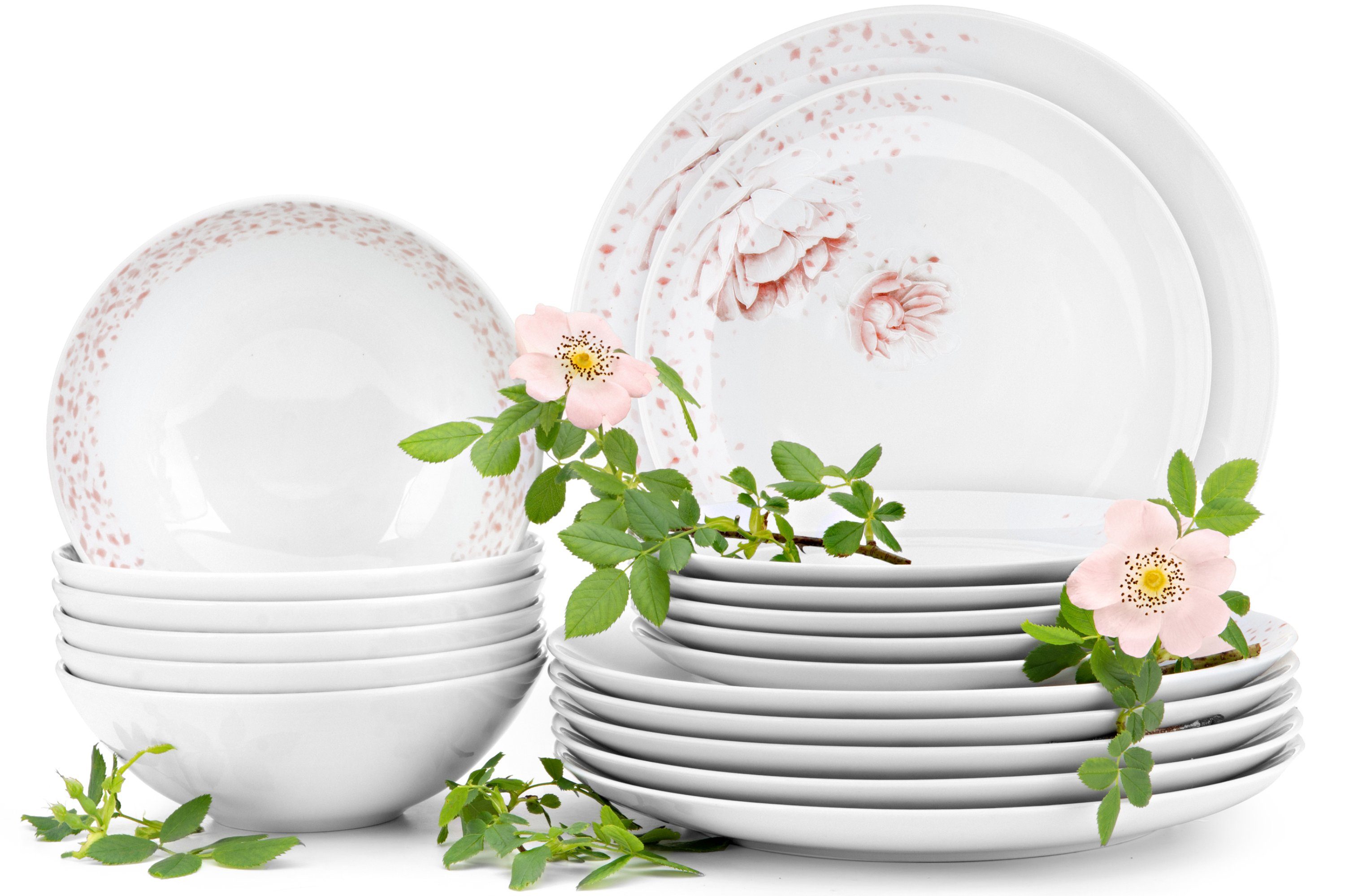 KONSIMO® Столовый сервиз BOSS Speiseteller Dessertteller Suppenteller (18-tlg), 6 Personen, Porzellan, rund, Mikrowellenfest, Spülmaschinengeeignet