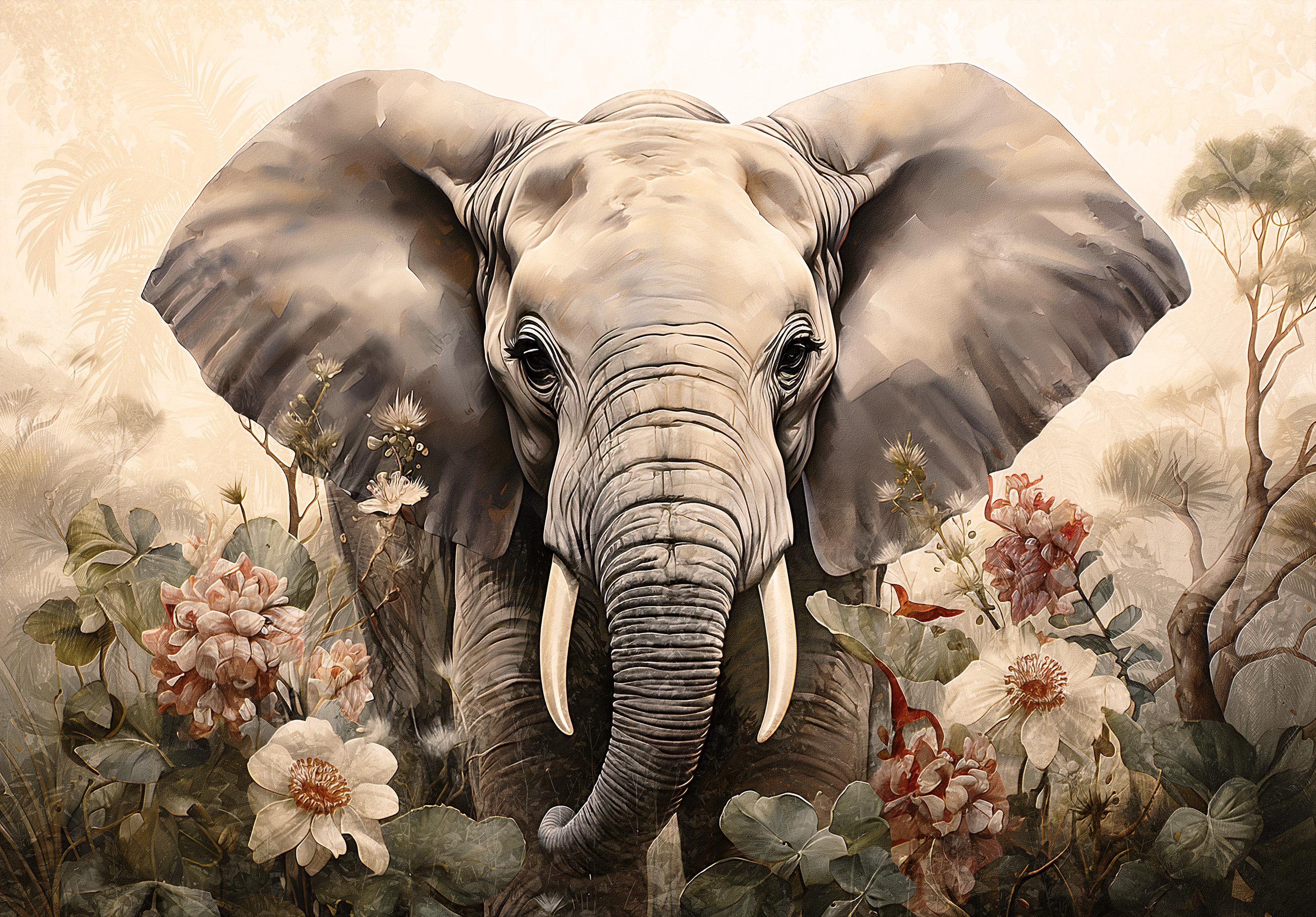 Wallarena Fototapete Elefant Blumen Sepia Wohnzimmer Dschungel, Vlies Tiere, Vlies Motivtapete inklusive Tapete Tapete Vliestapete Struktur Wandtapete, Glatt Schlafzimmer Vinyl, Kleister