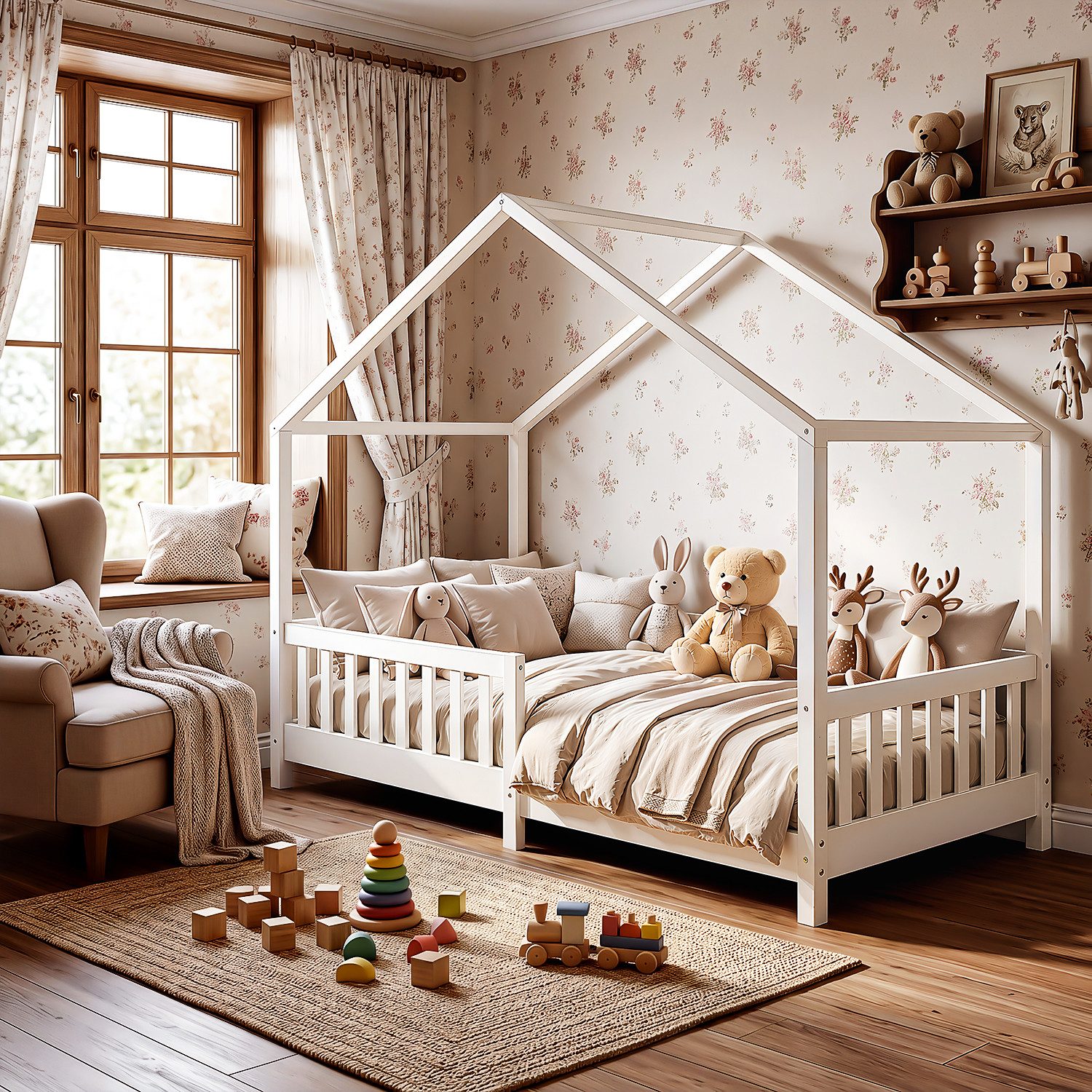 oyajia Kinderbett 90x200 cm Bodenbett Rausfallschutz abnehmbar bis 200 kg belastbar (Montessori Kinder- & Jugendbett aus Kiefer Massivholz), Bodenbett Hausbett  – Bild 3 von 5