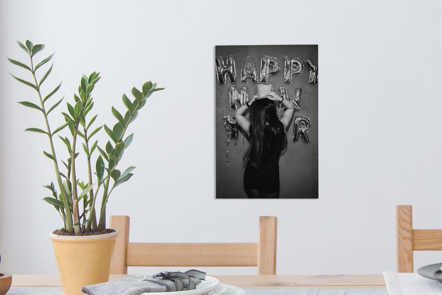 OneMillionCanvasses® Leinwandbild Schwarz-Weiß-Foto Jahr, Zackenaufhänger, St), Neues fertig (1 Leinwandbild Frohes Gemälde, bespannt inkl. cm 20x30