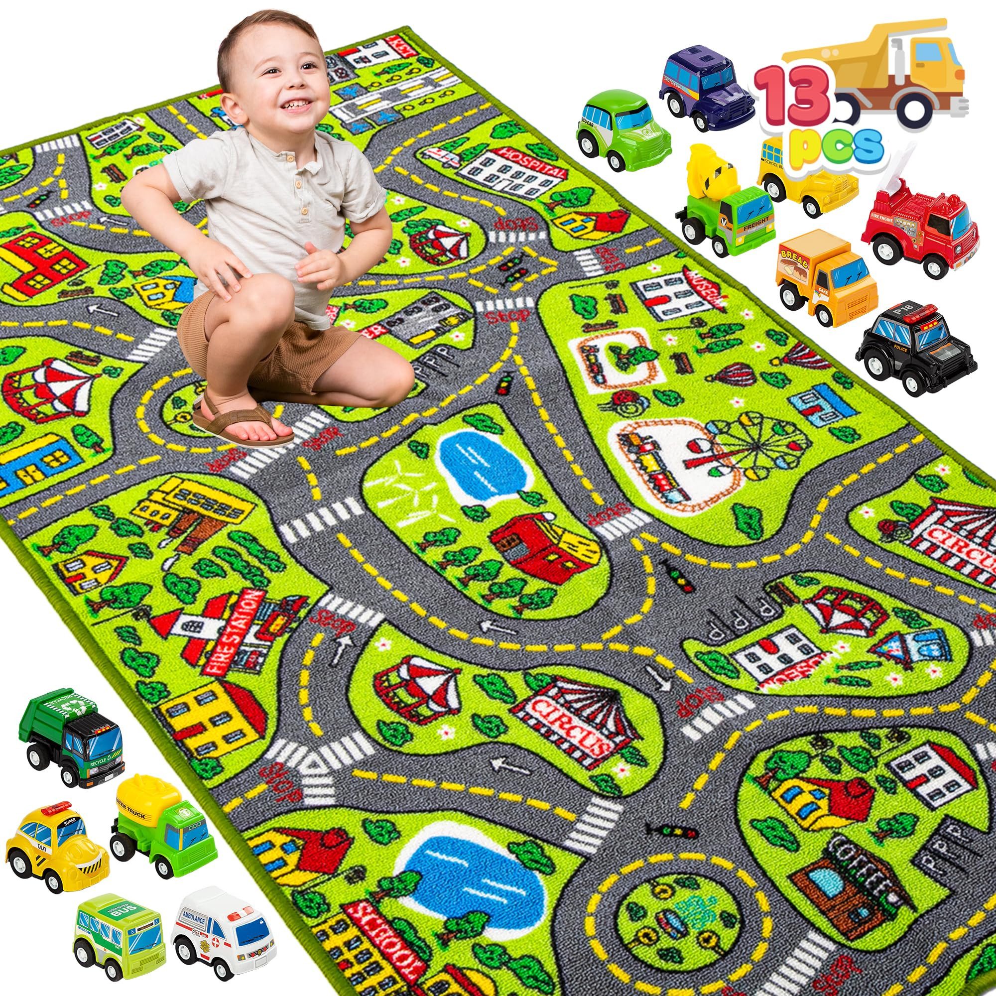 JOYIN Kinderteppich JOYIN Teppich Kinderzimmer 80x150cm mit 12 Mini Auto Spielzeug
