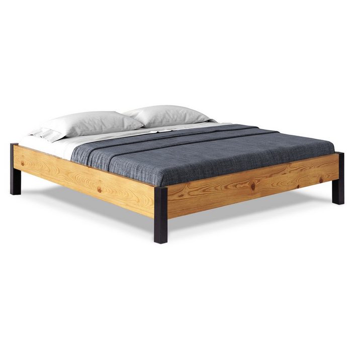 Moebel-Eins Massivholzbett CURBY Bett Metallfuß ohne Kopfteil Material Massivholz rustikale Altholzoptik Fichte