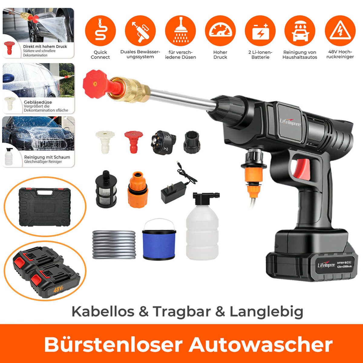 Akku-Hochdruckreiniger Hochdruckreiniger mit Zwei 48V 12Ah Akku, 300W Leistung, drei Düsen