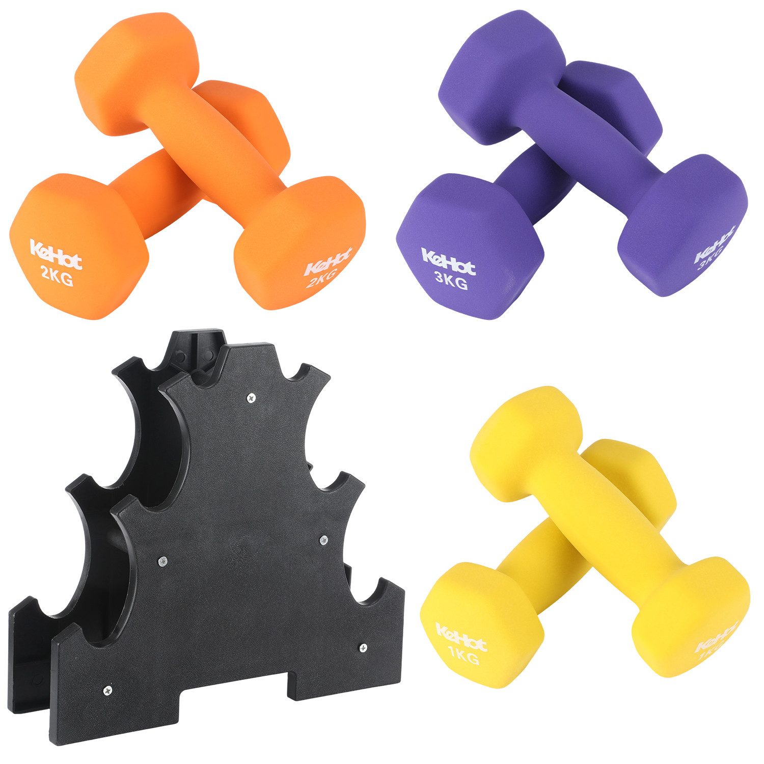 kehot Hantel-Set Hantel-Set 6-teilig mit Ständer – 2x1kg, 2x2kg, 2x3kg, (Robuste Gusseisen-Hanteln, Rutschfeste, Oberfläche, Wabenmuster, Platzsparendem für Heimtraining, Fitnessstudio, Damen & Herren), Bestehend aus 2x Gelb,2x Orange und 2x Lila Kurzhant