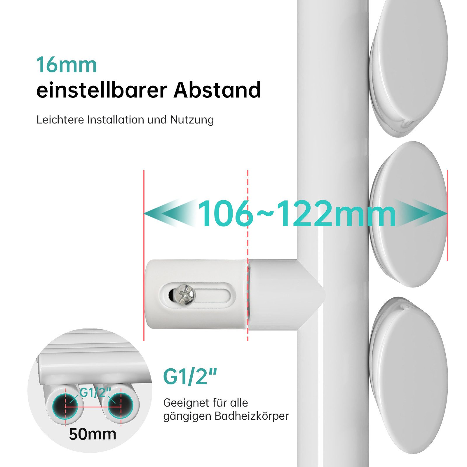 EMKE Badheizkörper 484-815W Rohrheizkörper Oval Röhren Handtuchtrockner Badheizkörper, Handtuchwärmer Vertikal Seitenanschlussfür Wasser – Bild 4 von 5