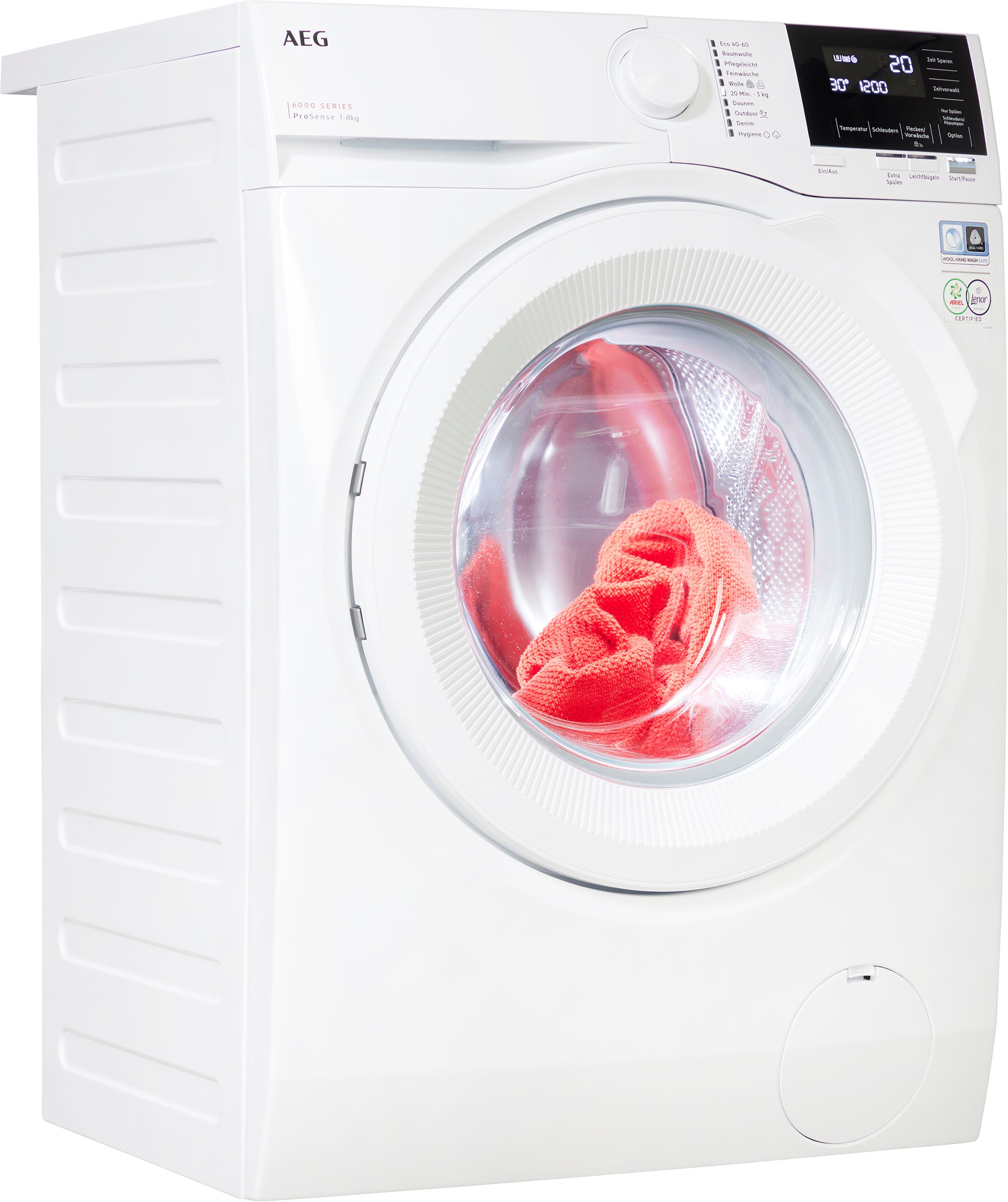 Waschmaschine 1600 Mengenautomatik​ AEG spart bis 8 kg, ProSense® U/min, Energie Zeit, 40% 6000 LR6A668, und Wasser -