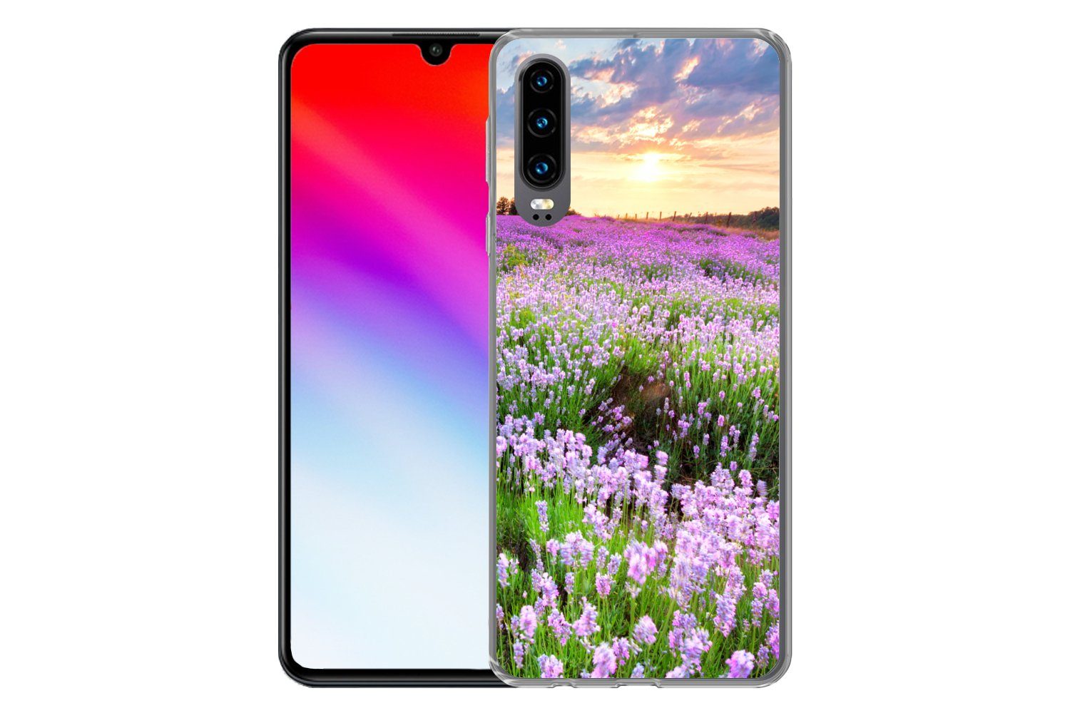 MuchoWow Handyhülle für Huawei P30 Blumen - Lavendel - Lila - Himmel - Sonnenuntergang - W, Handy Case, Silikon, Bumper Case Dünn