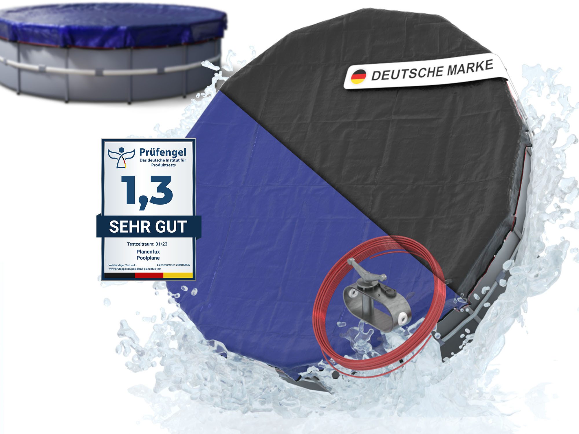 Planenfux® Pool-Abdeckplane Winterabdeckung rund UV-beständig PE (Poolplane mit Stahlseil, inkl. Seilspanner), beidseitig 200 g/m² wetterfest