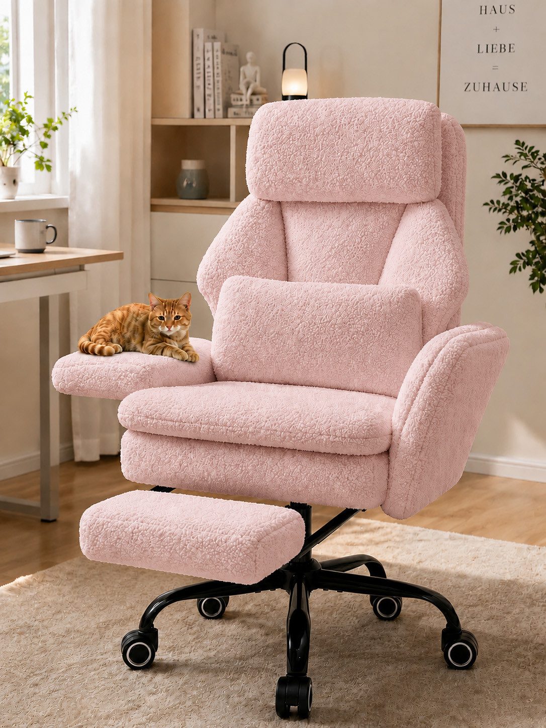 Hoolamyie Drehstuhl Ergonomischer Chefsessel aus Teddy-Stoff mit Fußstütze, bis 200 kg, Teddy-Stoff-Bezug, Federkernpolsterung, leise Rollen