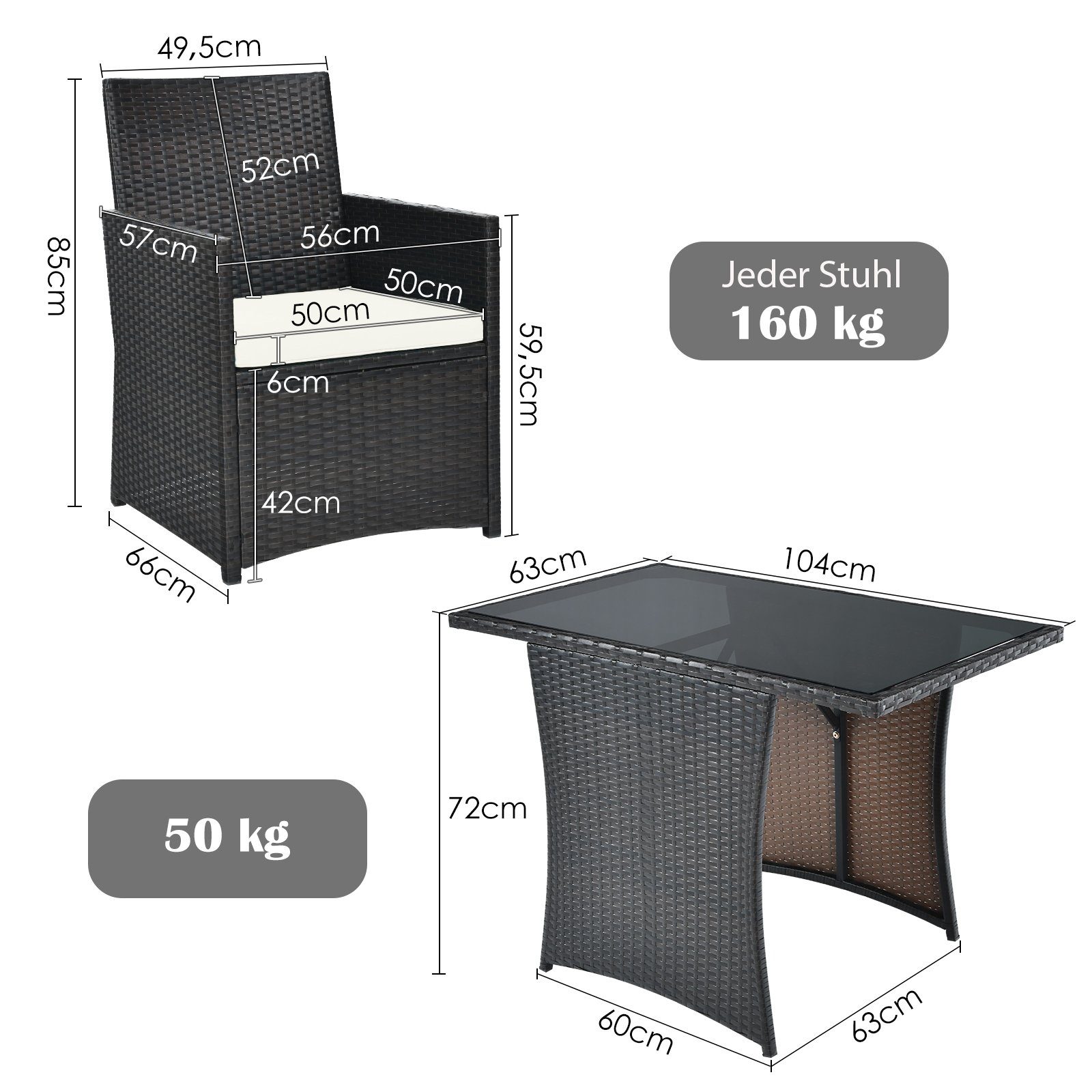 COSTWAY Balkonset, 3 teilig, Rattan, 2 Personen, mit Sitzkissen