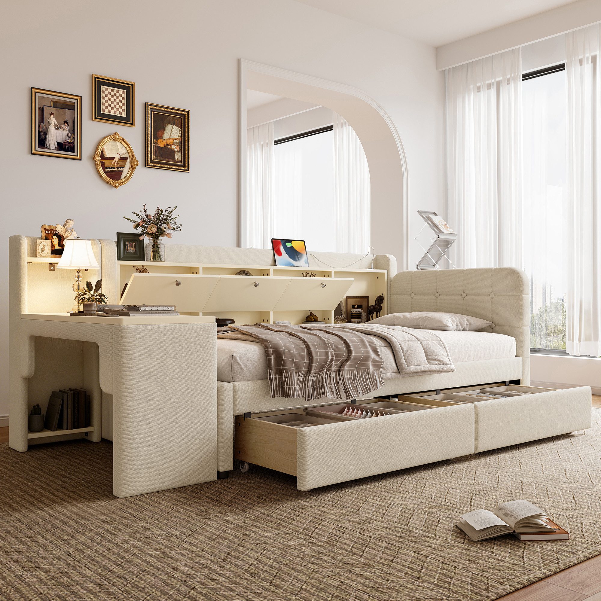 SOFTWEARY Stauraumbett mit Schreibtisch (90x200 cm, Lattenrost, Regal, Schubladen, USB und Type-C Anschluss), Einzelbett, Polsterbett, Leinen