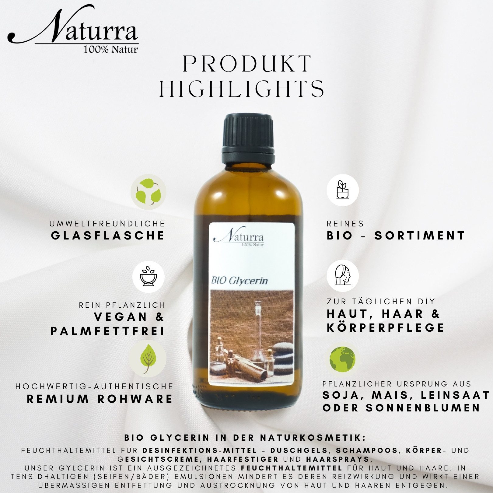 Naturra Körperöl Glycerin Bio rein pflanzlich vegan, Rein pflanzlich, palmfrei, GVO-frei, farblos, feuchtigkeitsspendend