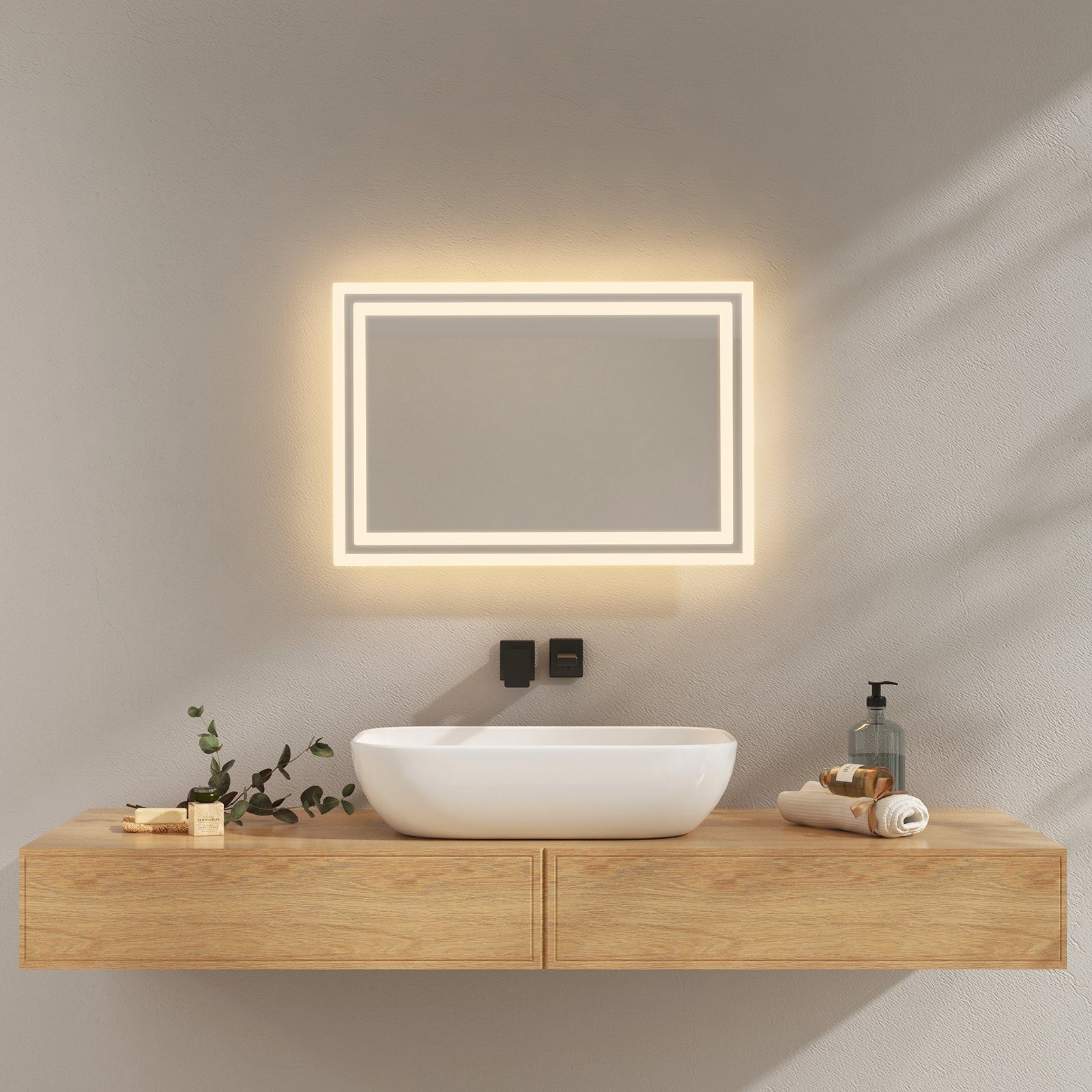 EMKE Badspiegel Badspiegel mit Beleuchtung LED Badezimmerspiegel  Wandspiegel, Beschlagfrei, 2 Farben des Lichts, Druckknopfschalter