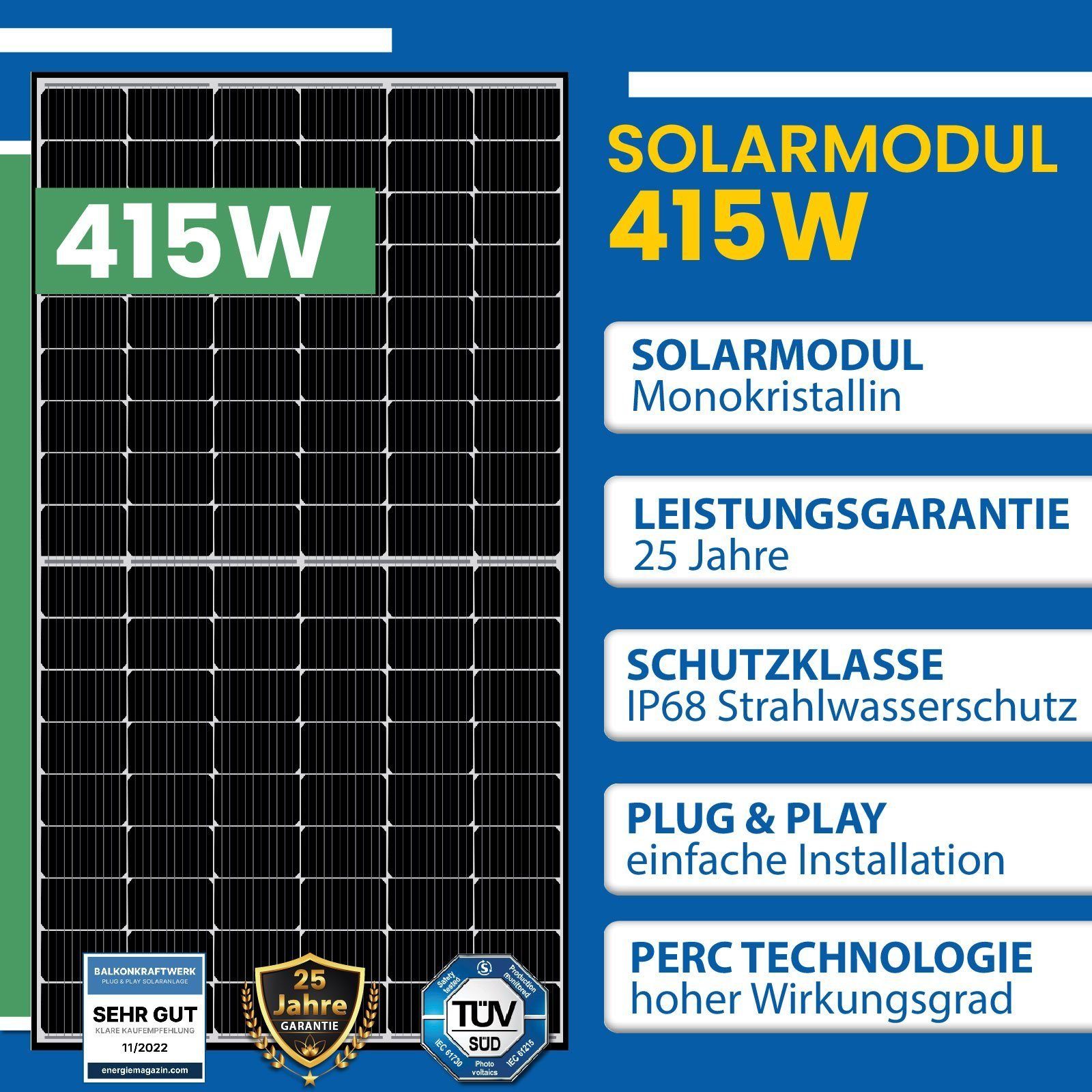 Stegpearl Solaranlage für Balkonkraftwerk Rahmen x PV-Solarmodul Photovoltaik 415W 4 Schwarz