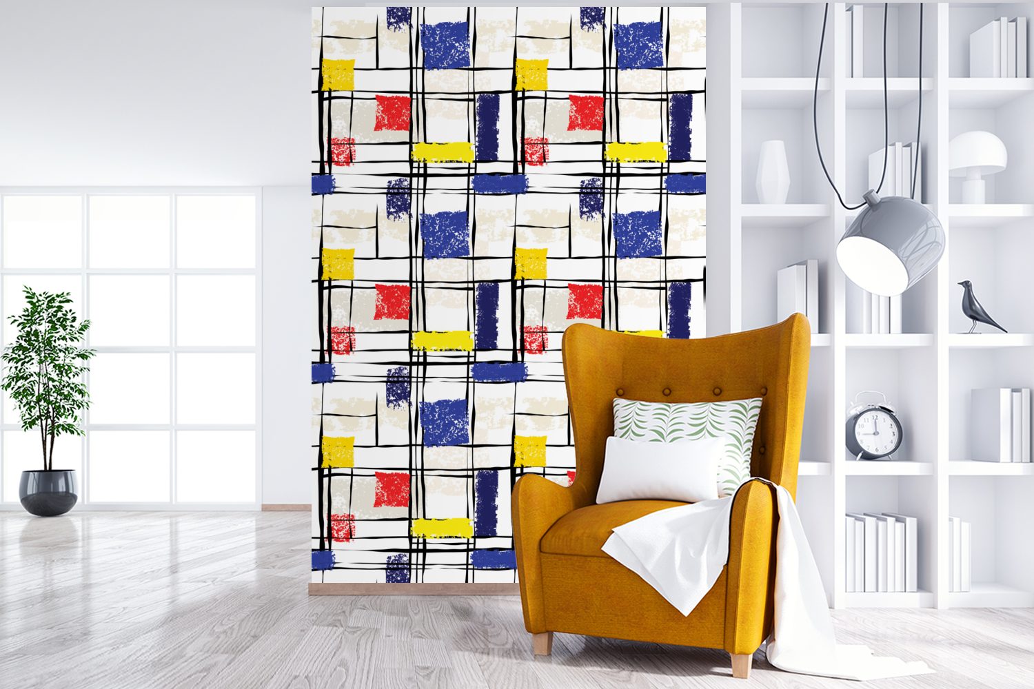 MuchoWow Fototapete Mondrian - Gelb Montagefertig Rot Wandtapete bedruckt, St), Vinyl (3 Matt, Blau, Tapete - für - Wohnzimmer