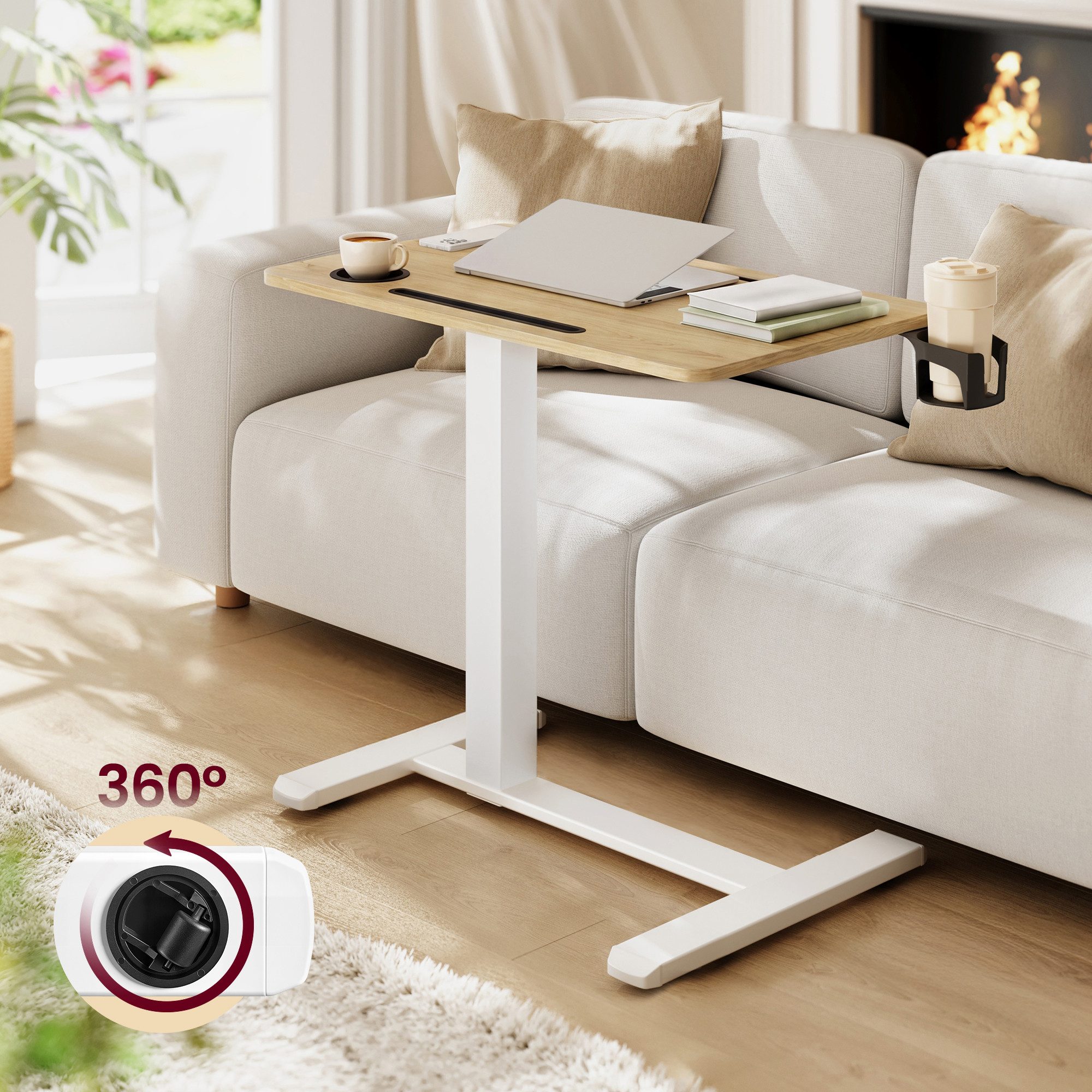 VASAGLE Schreibtisch Beistelltisch mit Rollen, mobiler Stehtisch, 70 x 40 cm große Tischplatte, mit Rollen, 2 Getränkehalter, Schlitz