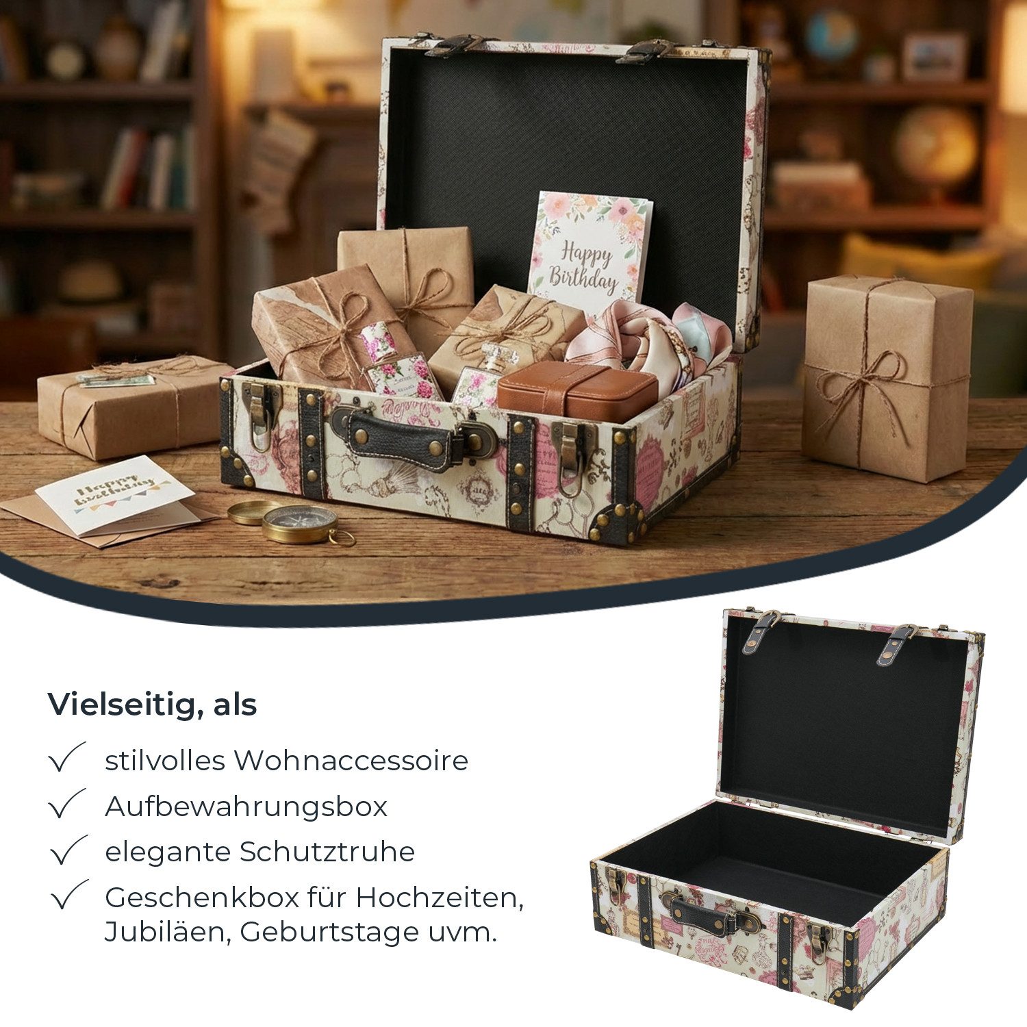 HMF Aufbewahrungsbox Handgefertigter Vintage Koffer aus Holz, Deko Koffer, Geschenkkoffer im Barock Design, 44 x 32 x 16 cm