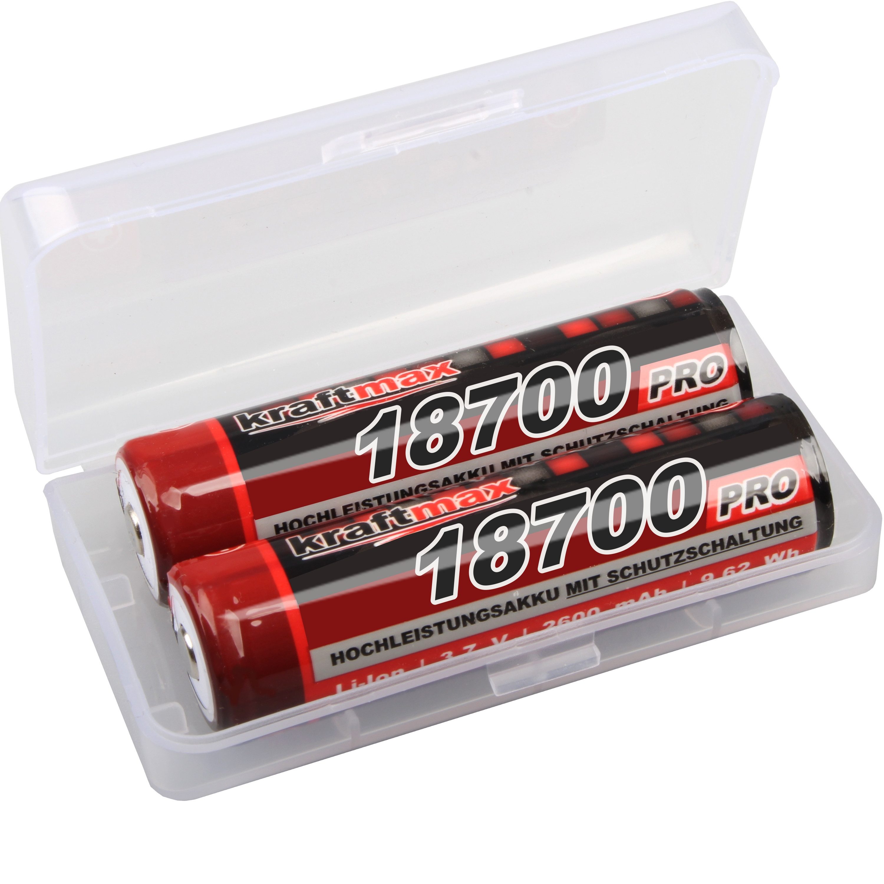 kraftmax 2x 18650 Pro Akku mit PCB Schutzschaltung (3,7V / 9,62 Wh) Akku Kraftmax 18650 Pro Akku 3,7 V / 9,62 Wh 2600 mAh (3,7 V V, 1 St), Universell einsetzbar für Geräte mit 18650 Li-Ion Akkus