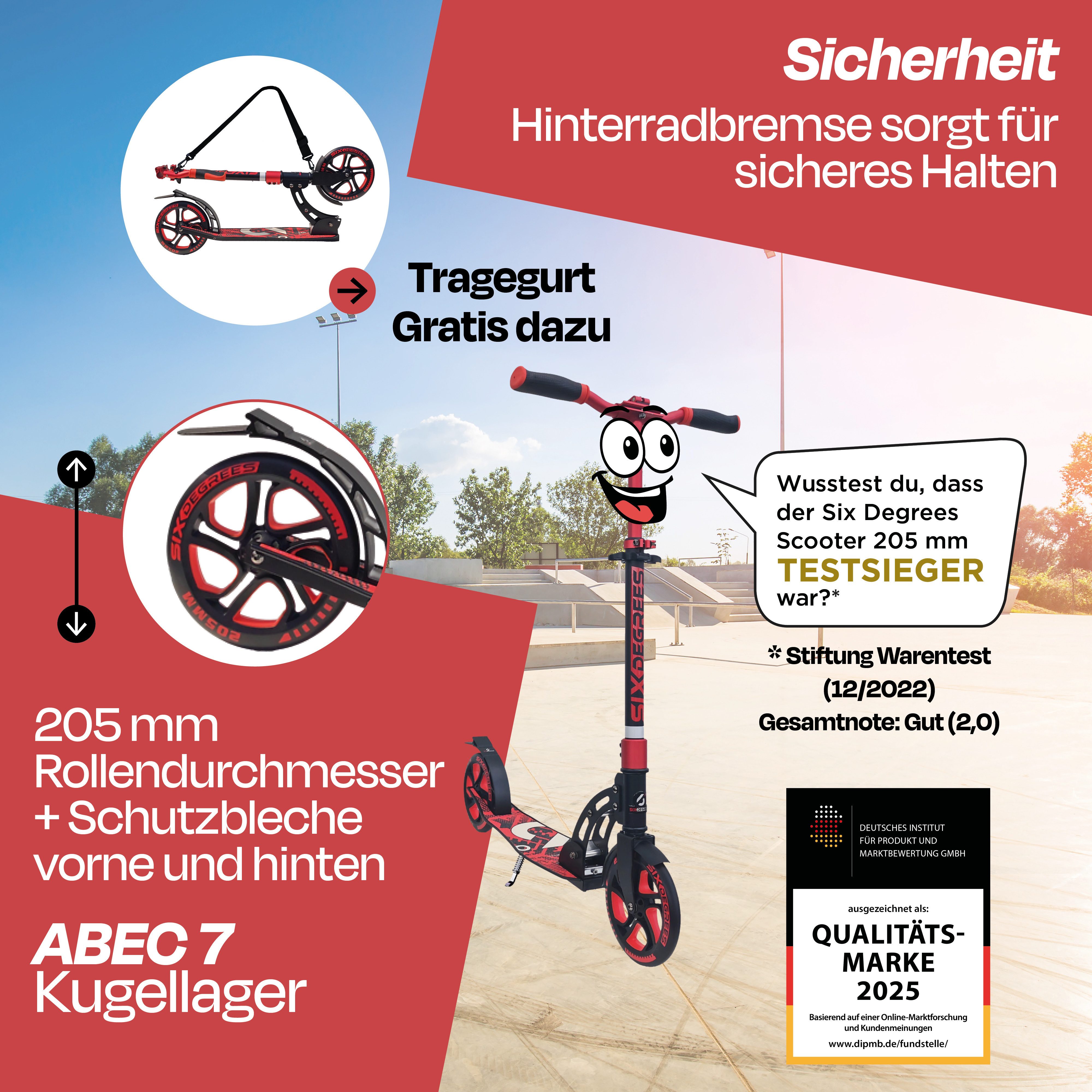 SIX DEGREES Cityroller aus Aluminium TESTSIEGER, Klappmechanismus, Ständer 205 mm PRIME, TESTSIEGER Stiftung Warentest