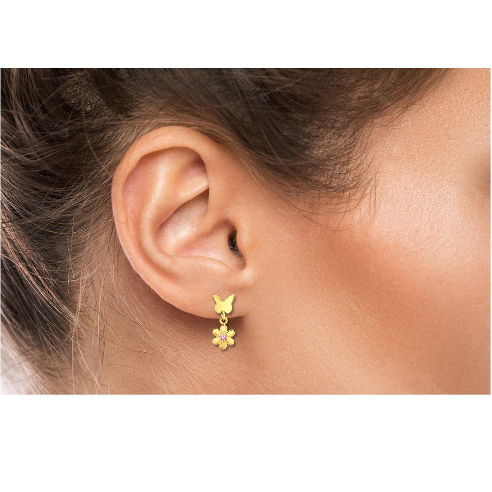 Limana Paar Ohrhänger Mädchen Kinder Silber 925 Gold Schmetterling Blume rosa Ohrstecker, Kinderohrringe Mädchenohrringe mit Zirkonia Geschenkidee Geschenk Idee