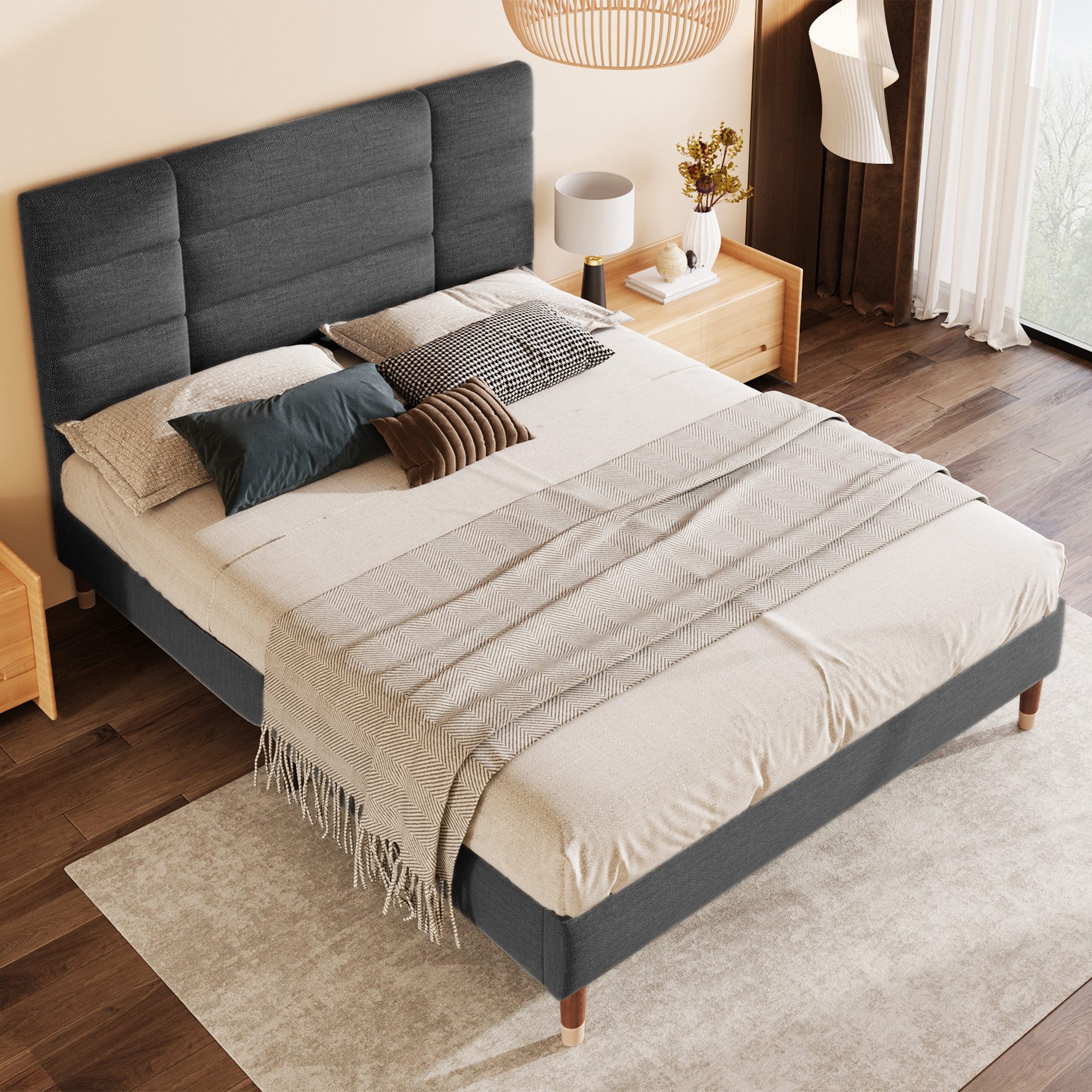 Ulife Polsterbett Dunkelgraues Doppelbett mit Lattenrost & Kopfteil 140 x 2 günstig online kaufen
