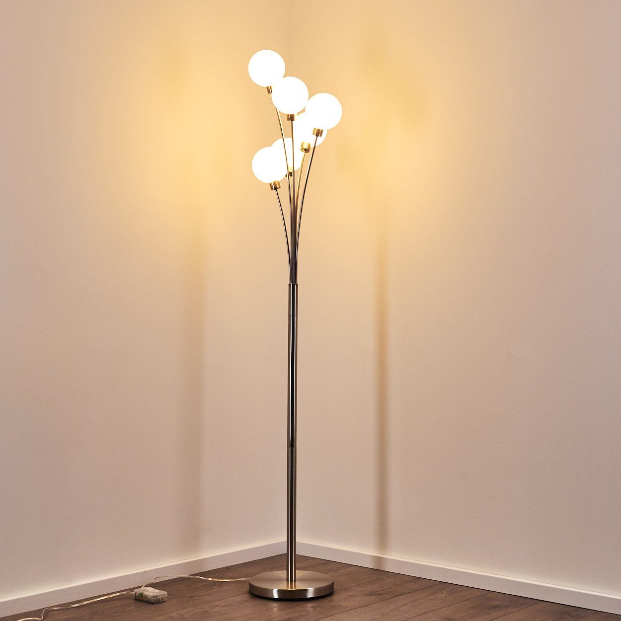 hofstein Stehlampe »Lerici« stufenlos dimmbar, Stehleuchte Nickel-matt/Weiß, ohne Leuchtmittel, Stehleuchte Nickel-matt/Weiß, Glas, 6xG9, mit Fußschalter am Kab – Bild 4 von 5