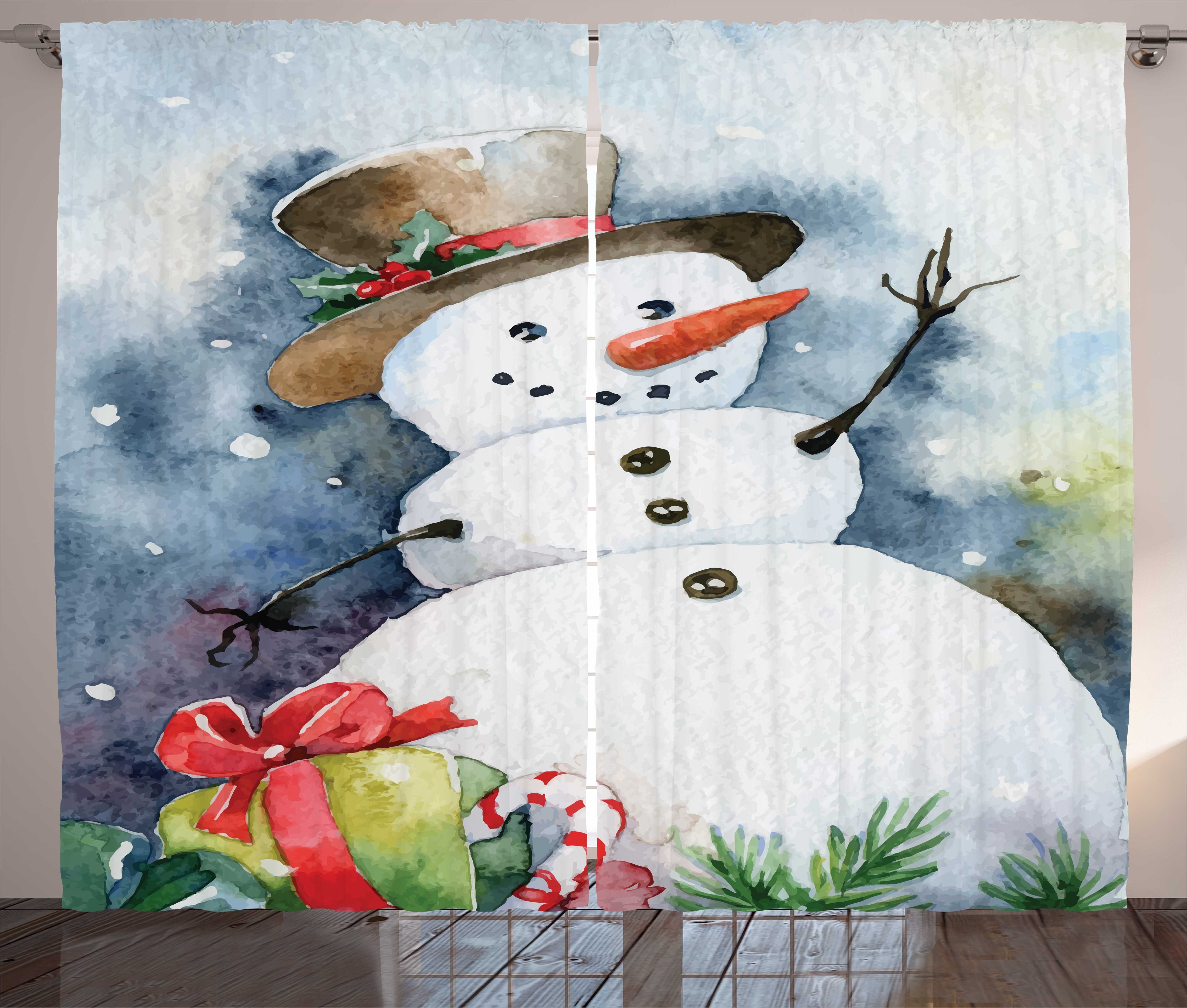 Gardine Schlafzimmer Kräuselband Vorhang mit Schlaufen und Haken, Abakuhaus, Schneemann Weihnachten Hut und Geschenke