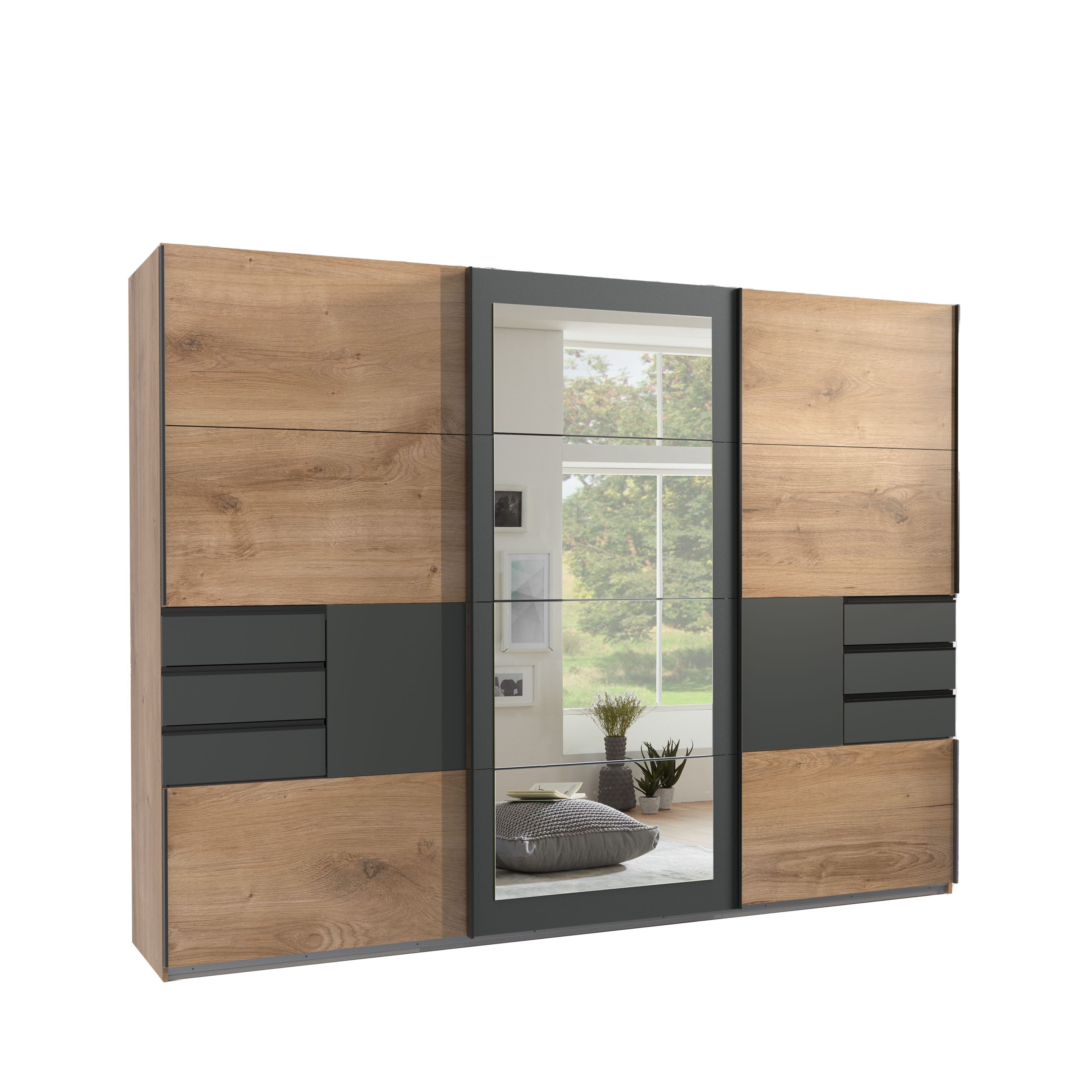 luma-home Schwebetürenschrank 22503 (B270/H208/T64 cm Kleiderschrank mit Vollausstattung, schwarzen Griffleisten) 6 sichtbaren Schubladen,Rahmenspiegel, Eiche Dekor m.Absetz. in Grafit