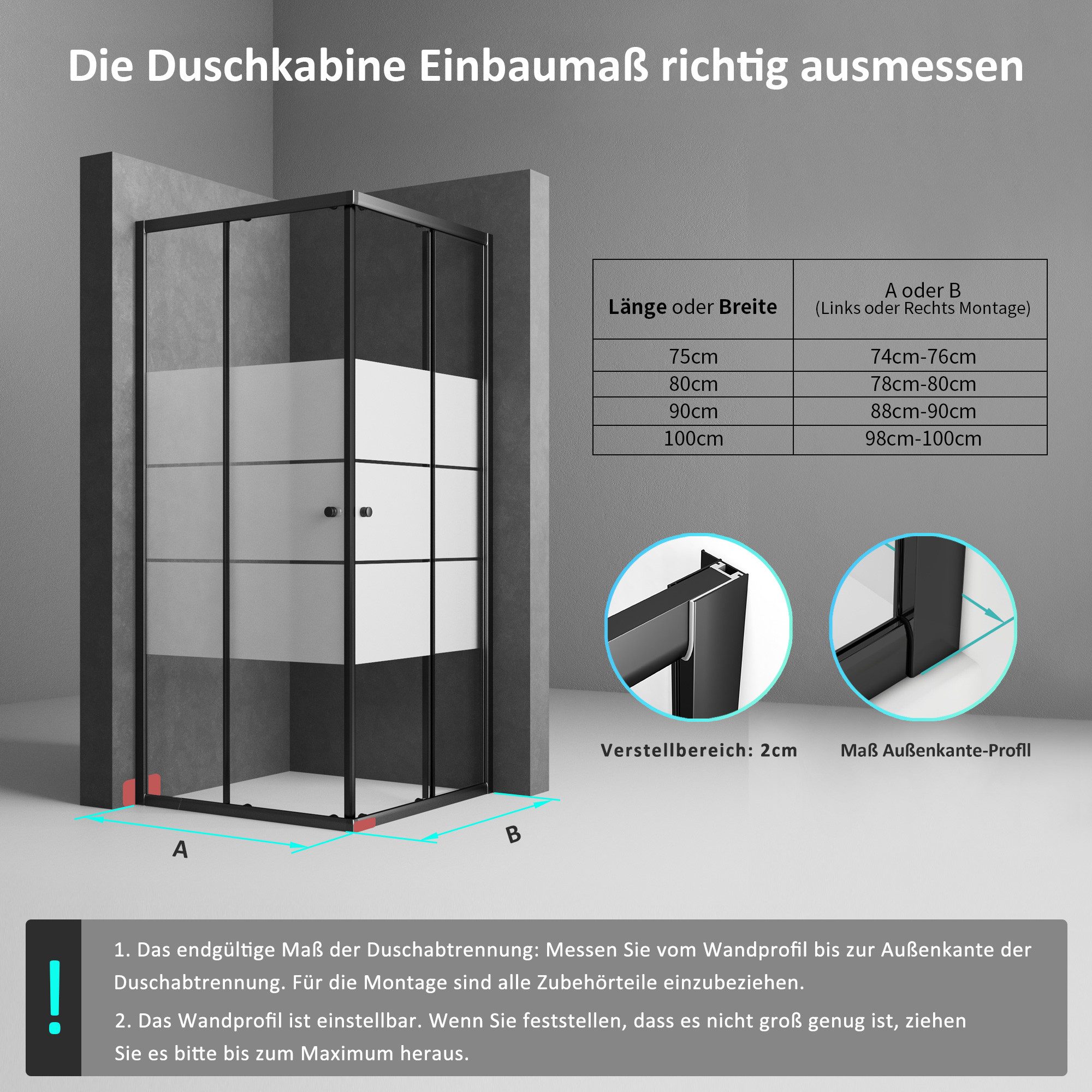Boromal Eckdusche Schwarz Duschkabine 90 x 90 80 x 80 100 x 100 75 x 90 75 x 75, BxT: 75x75 cm, Sicherheitsglas 5mm, Eckeinstieg Schiebetür Milchglas,  Alurahmen, Aluprofile, Magnetverschluss