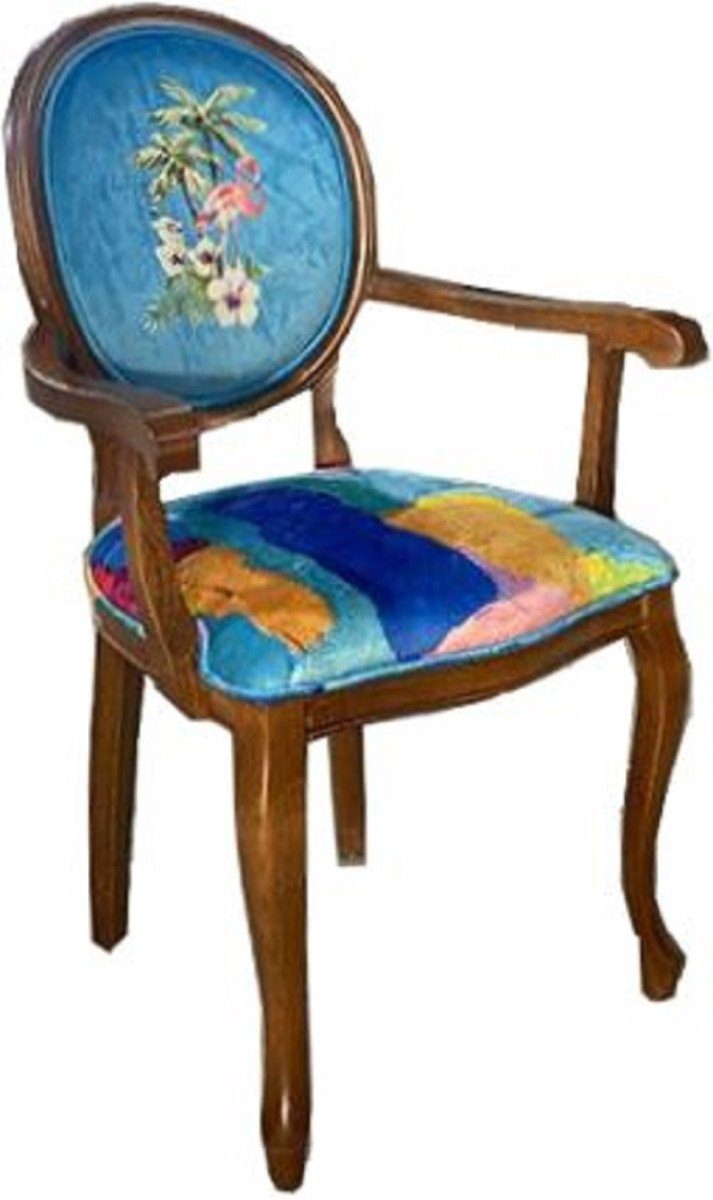 Casa Padrino Esszimmerstuhl Barock Esszimmerstuhl Blau / Mehrfarbig / Braun - Handgefertigter Antik Stil Stuhl mit Armlehnen - Esszimmer Möbel im Barockstil