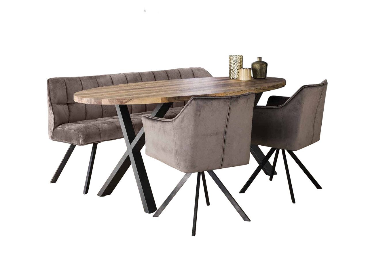 Vintagehaus Polsterbank Set Esstischbank Raster + 2 Armlehnstühle Samt oder Strukturstoff (3 teiliges Set), Frei im Raum aufstellbar