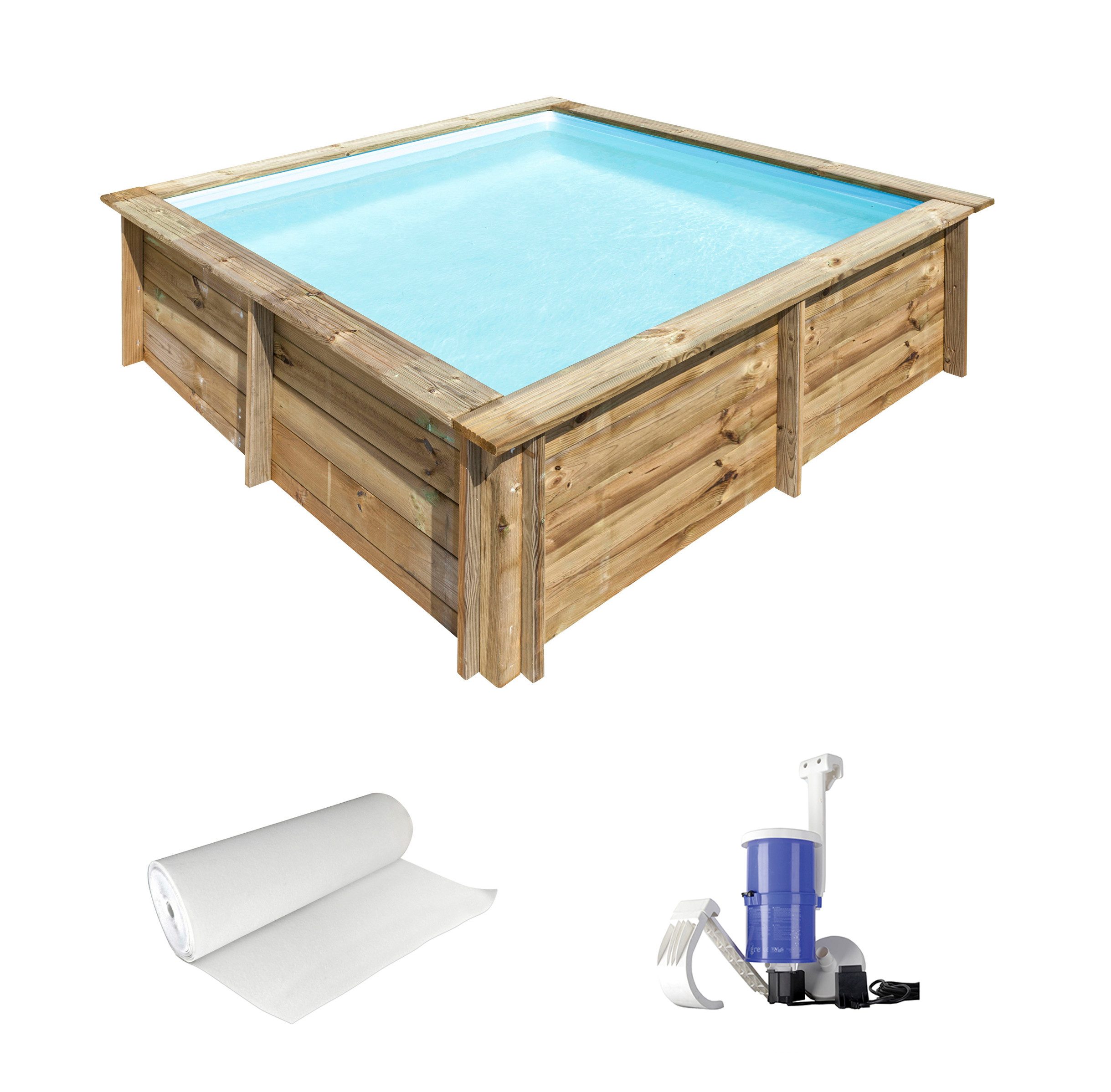 Gre Rechteckpool CITY mit Bodenschutzflies und Filteranlage (Set, 3-tlg), Kiefernholz, BxLxH: 225x225x68 cm
