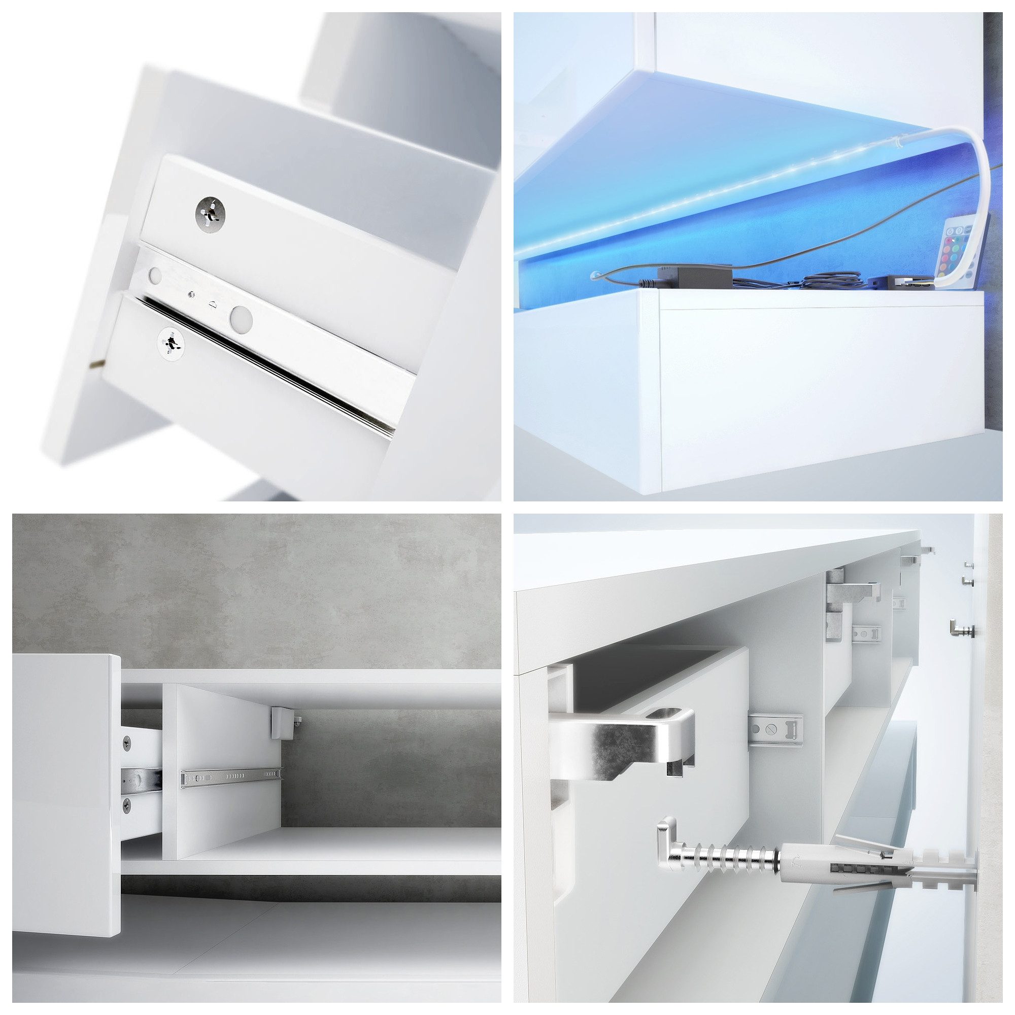 Vladon Lowboard City (TV-Kommode mit Sockelelement, 1 offenem Fach und 3 Schubkästen), Weiß matt/Weiß Hochglanz, inkl. LED-Beleuchtung (178xvariabelx39 cm) – Bild 4 von 5