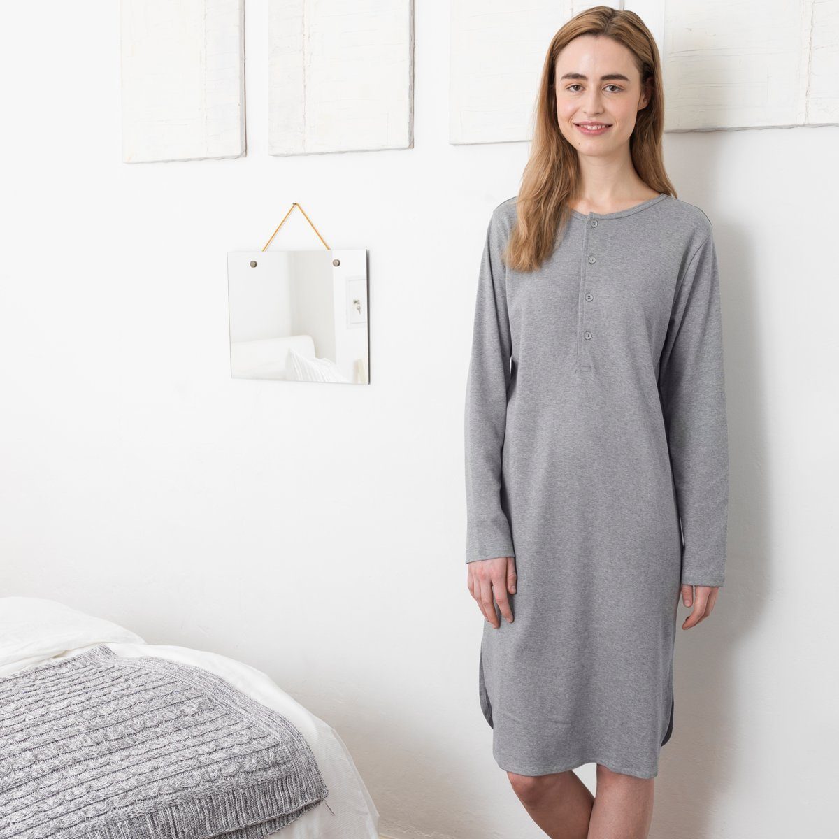 Unisex-Klassiker Melange DOMINIQUE angesagten CRAFTS LIVING Nachthemd Grey Retro-Look im
