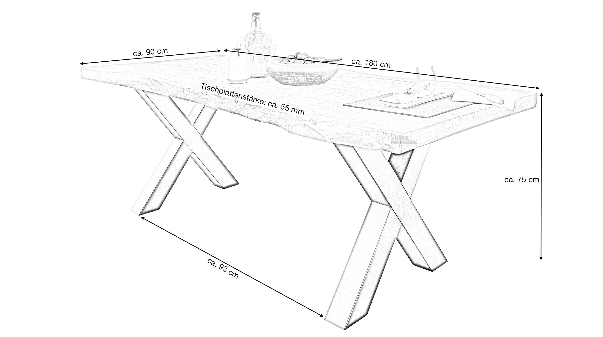 Massivart® Baumkantentisch TOMASO Standbeine / als mm schwarz Tischplatte, Massivholz Look 55 / X-Gestell Metall Industrial / / lackiert Mango