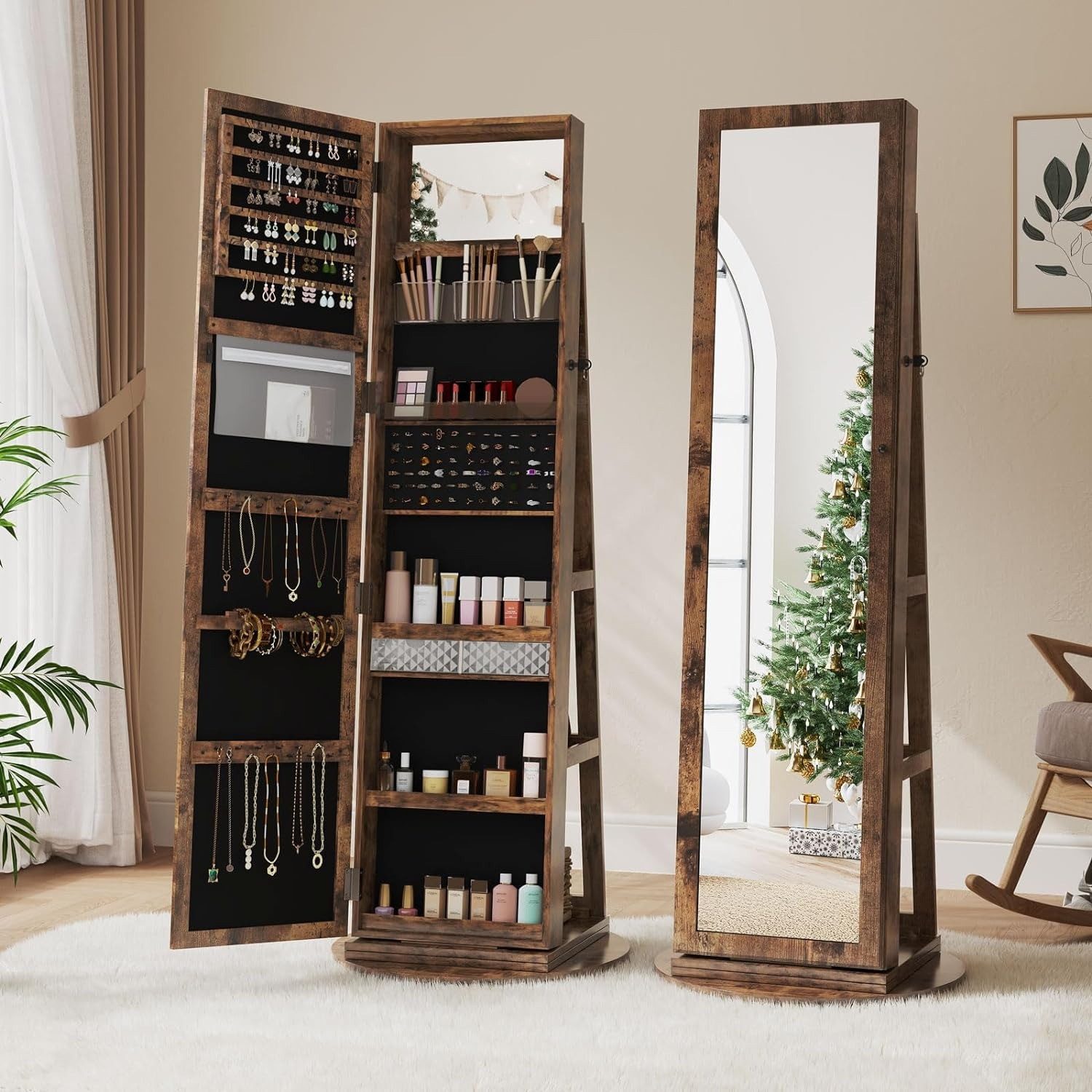 Schmuckschrank Standspiegel stehend mit Innenspiegel und Ablagen 3 in 1, 360°drehbar