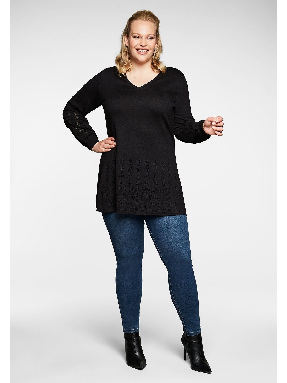 Damen Pullover Sheego V-Ausschnitt-Pullover Longpullover mit Ajourmuster und Keulenärmeln