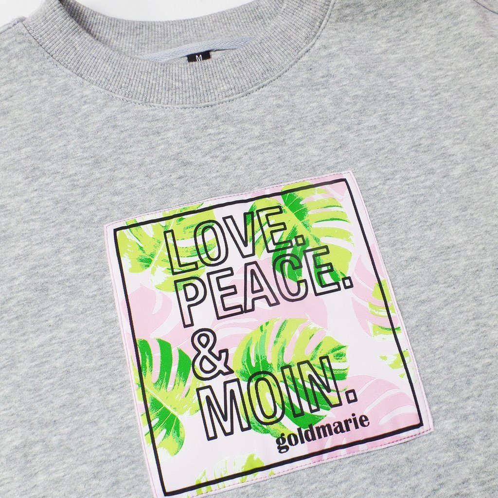 goldmarie Sweatshirt LOVE Applikation hellgrau PEACE Floral-Palmen MOIN meliert