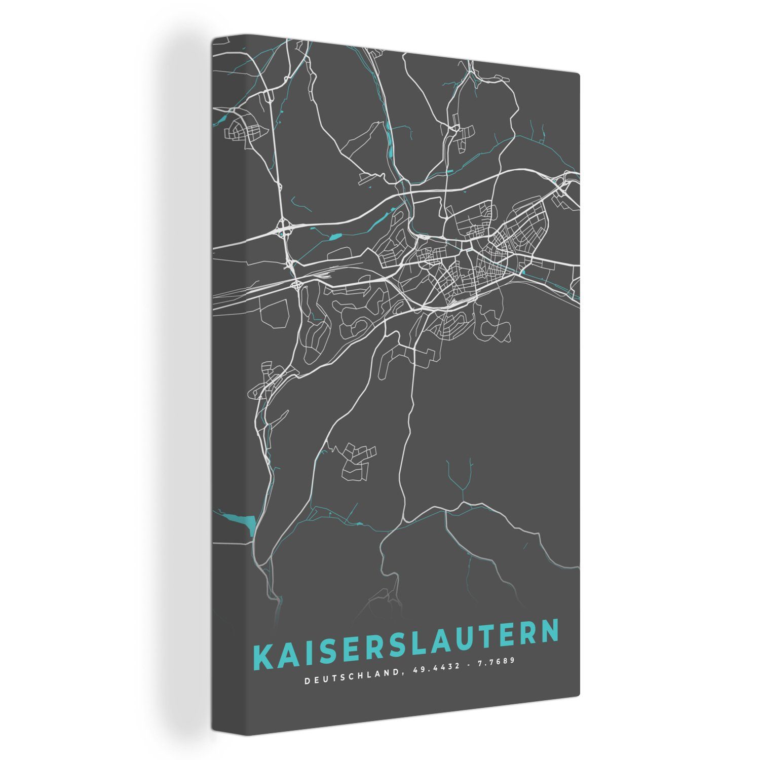 OneMillionCanvasses® Leinwandbild Karte - Kaiserslautern - Blau - Stadtplan - Deutschland, (1 St), Leinwandbild fertig bespannt inkl. Zackenaufhänger, Gemälde, 20x30 cm