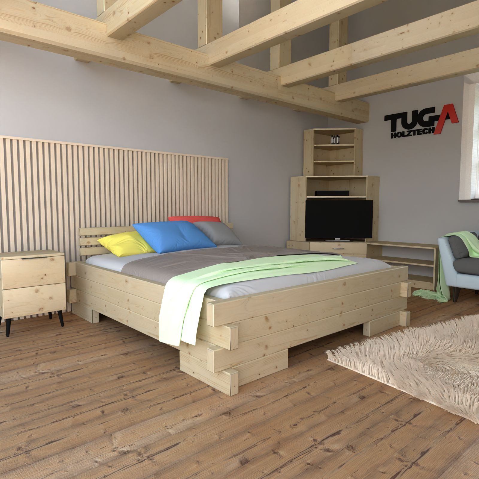 TUGA-Holztech Massivholzbett Balkenbett 140 x 220 cm Holz Massivholzbett Fichtenbett mit Überstand, Breite 80 90 100 120 140 160 180 200 Länge 200 220
