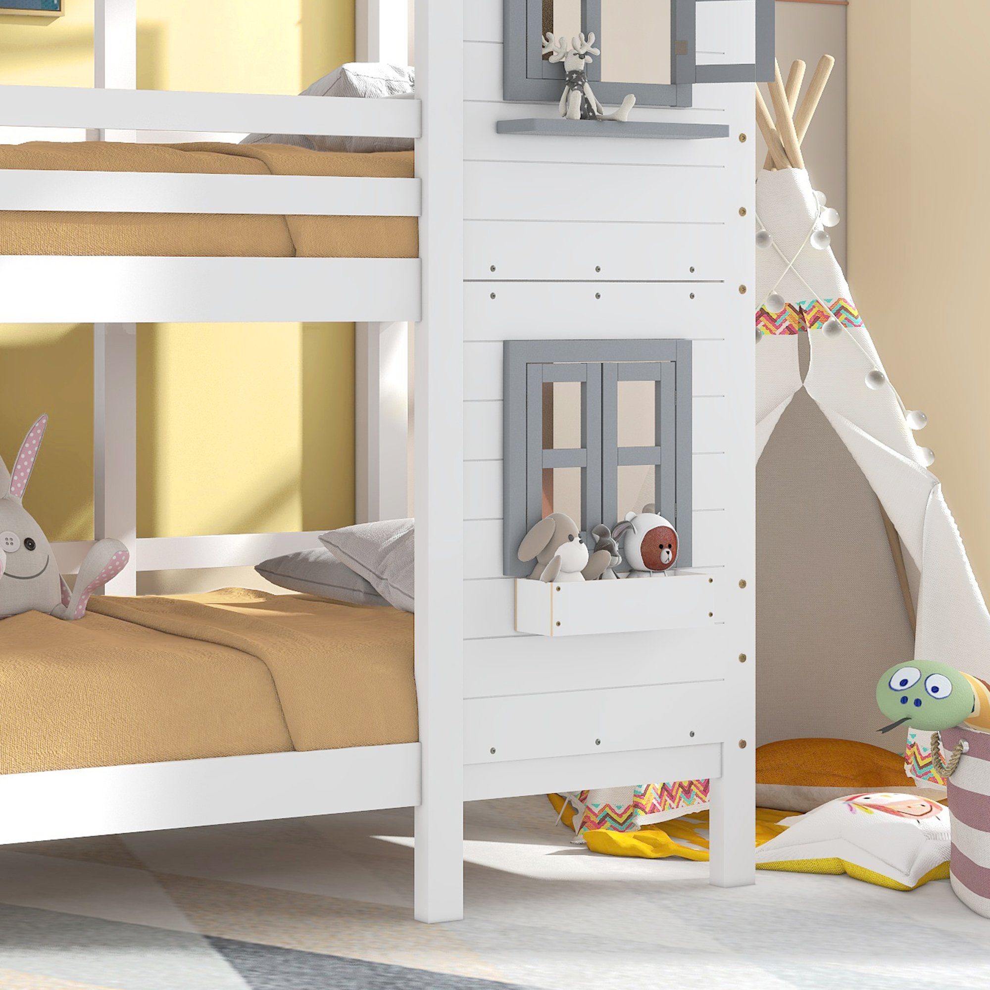 Etagenbett (Hochbett Kinderbett 90x200 cm), inklusive Trittleiter und Rundum-Absturzschutz, Kiefer