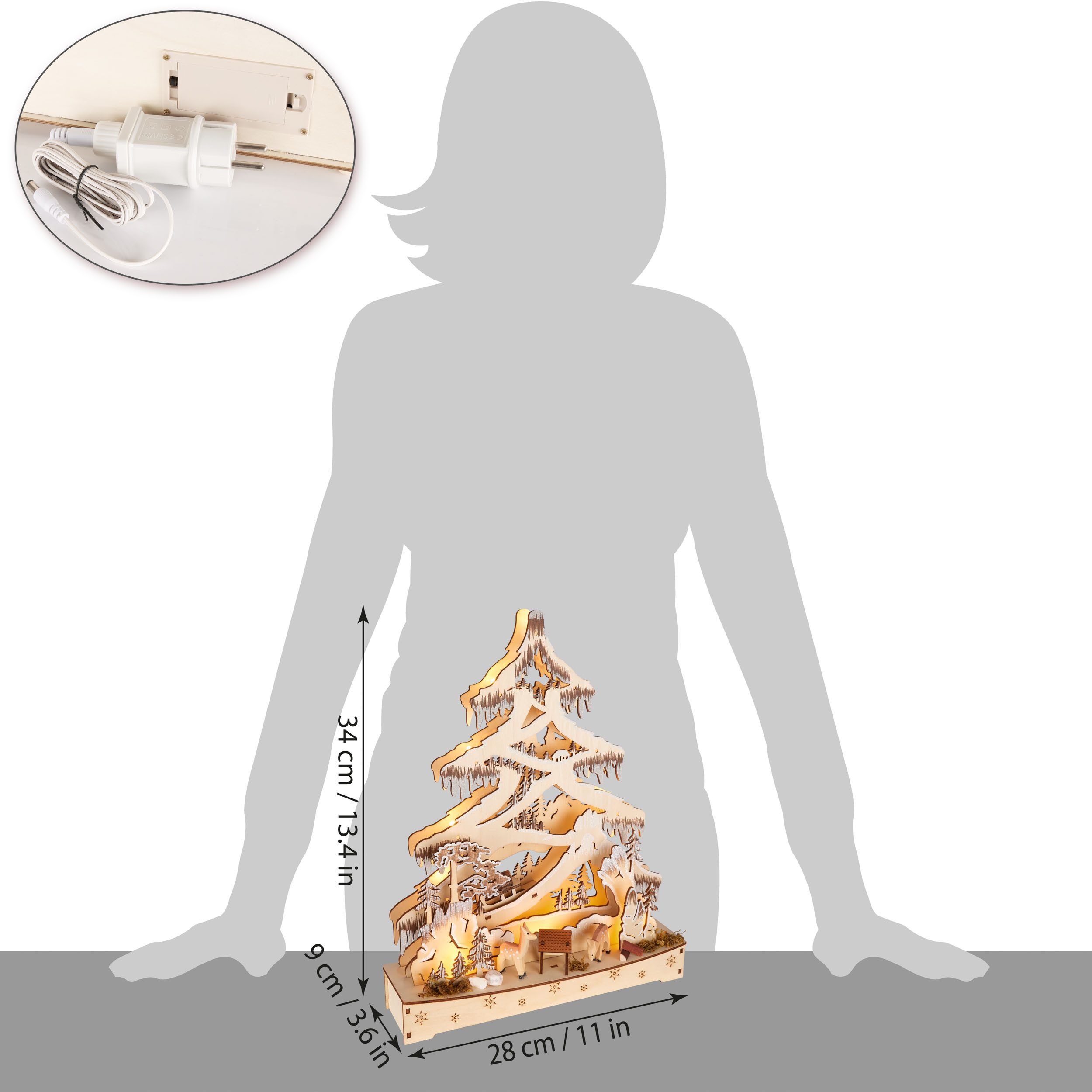 BRUBAKER LED Lichterbogen 3D Schwibbogen - Tannenbaum Wald, Weihnachtsbeleuchtung aus Holz Natur - Handbemalte Figuren
