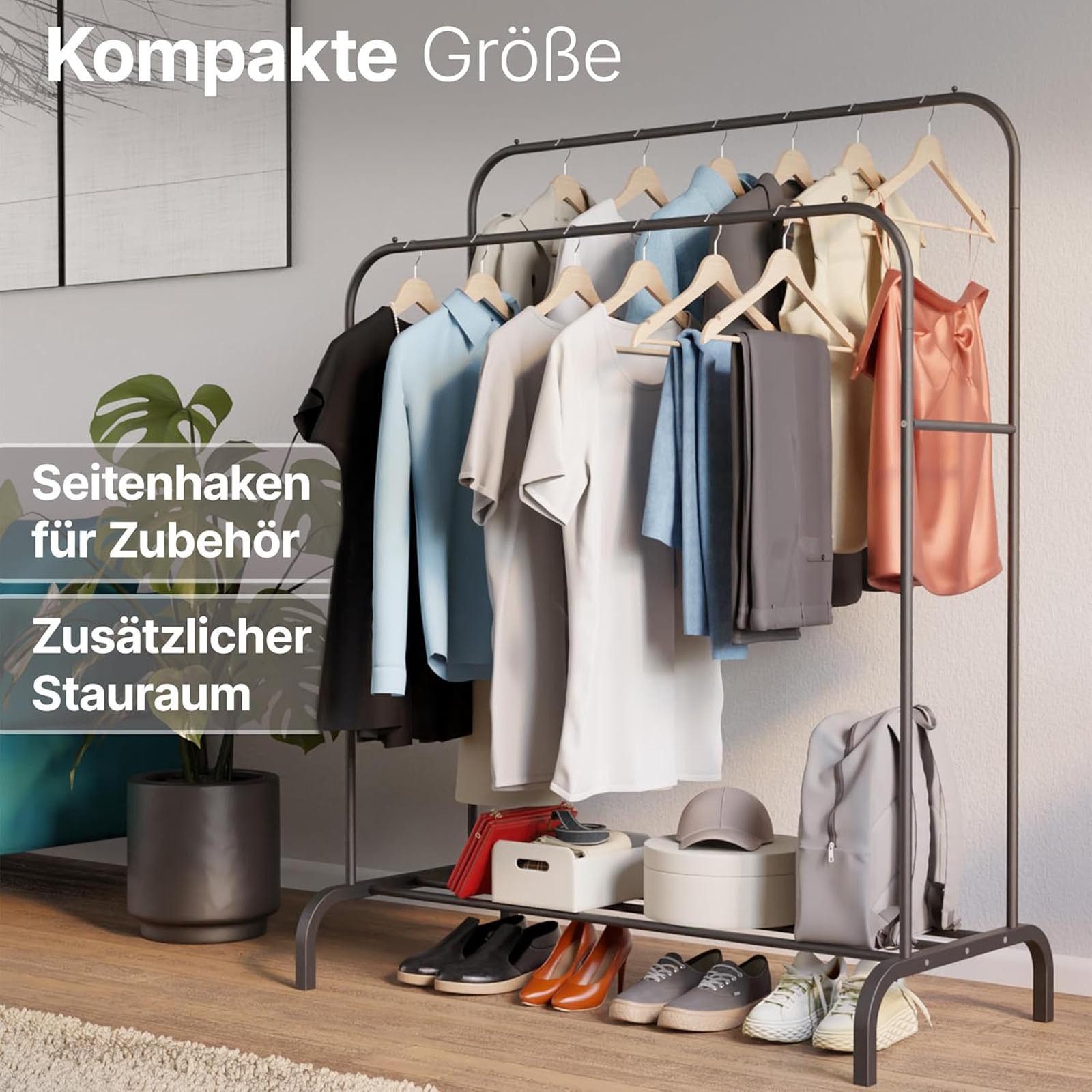 HAC24 Kleiderständer Metall Kleiderständer Schwarz mit 2 Kleiderstangen Garderobenständer, (1 St), bis 40 kg Traglast, 145 x 110 x 55 cm – Bild 4 von 5
