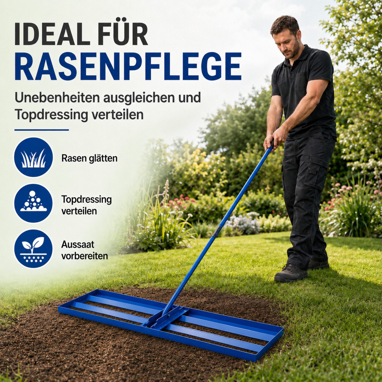 Bituxx Rasenrechen Rasenrakel 106x25 cm, 106 cm Arbeitsbreite, mit 185 cm langem Stiel, (1-tlg., MS-19337) – Bild 4 von 5