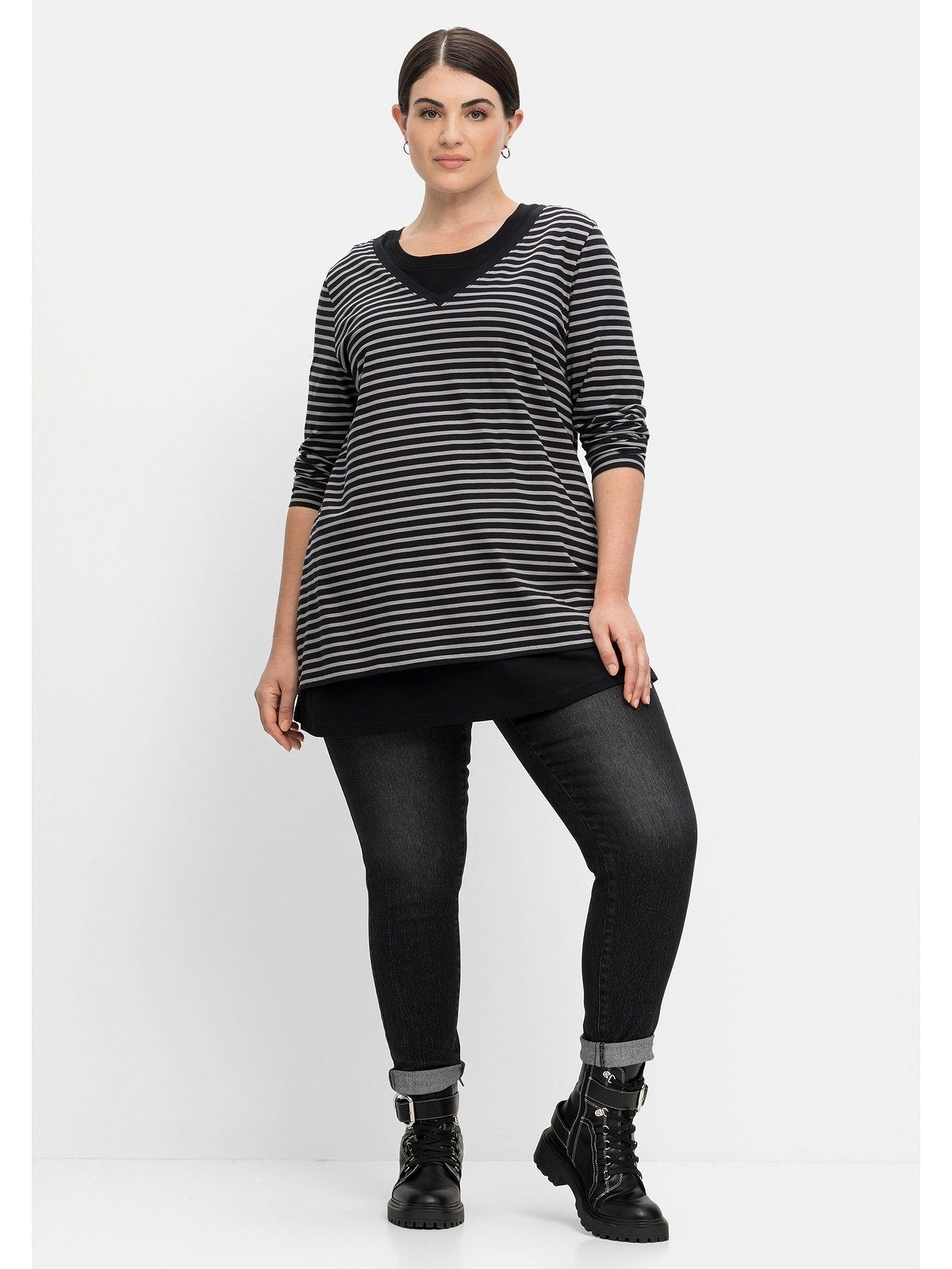 Sheego 2-in-1-Shirt Größen schwarz im als Große gestreift Set, Layering-Look