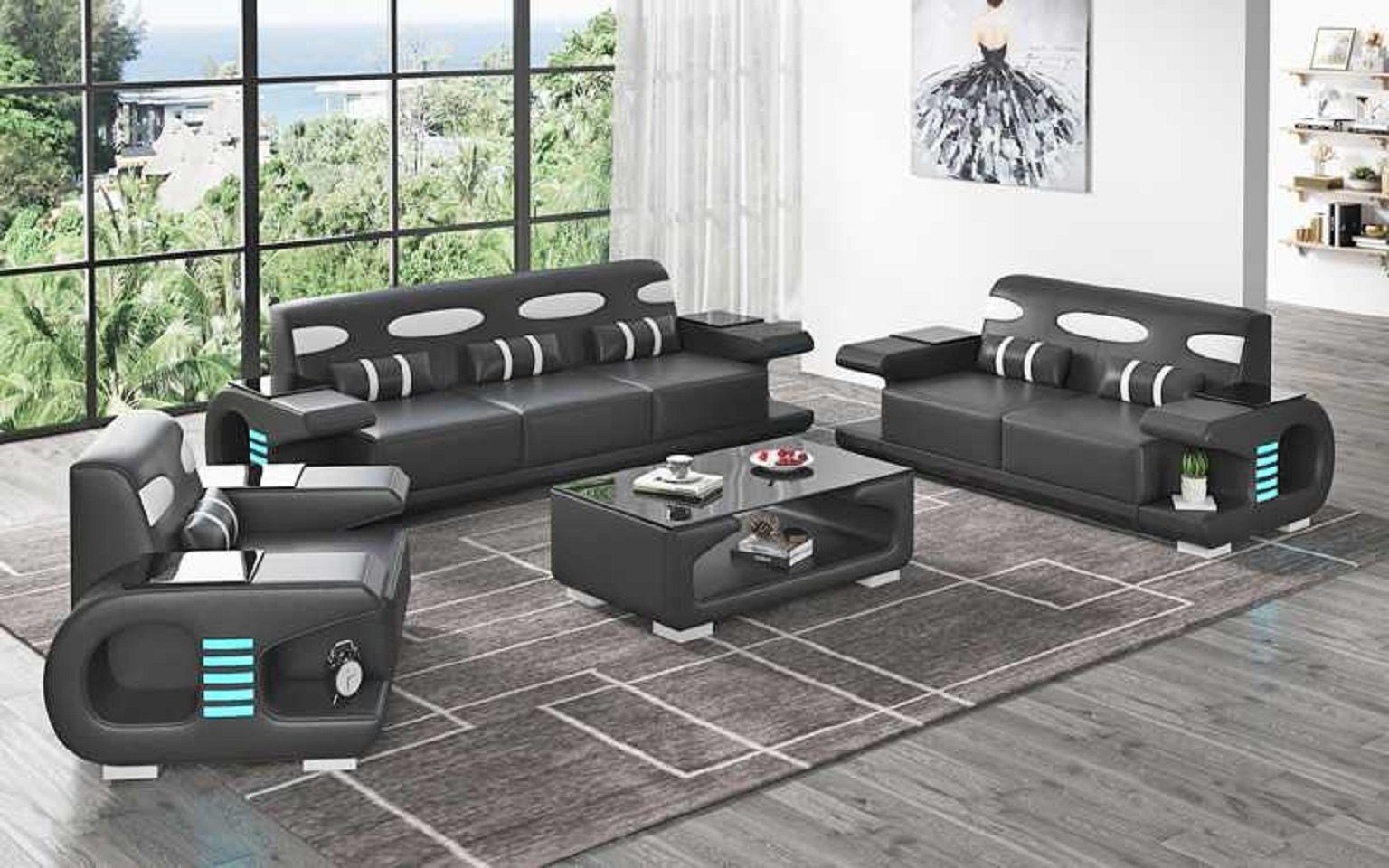 Europe 2+3 Wohnzimmer JVmoebel Nur Wohnzimmer-Set Sofa Set, Sofa Modern in Sessel), + (3-St., Schwarz Sitzer Couchgarnitur 3tlg Made Komplette