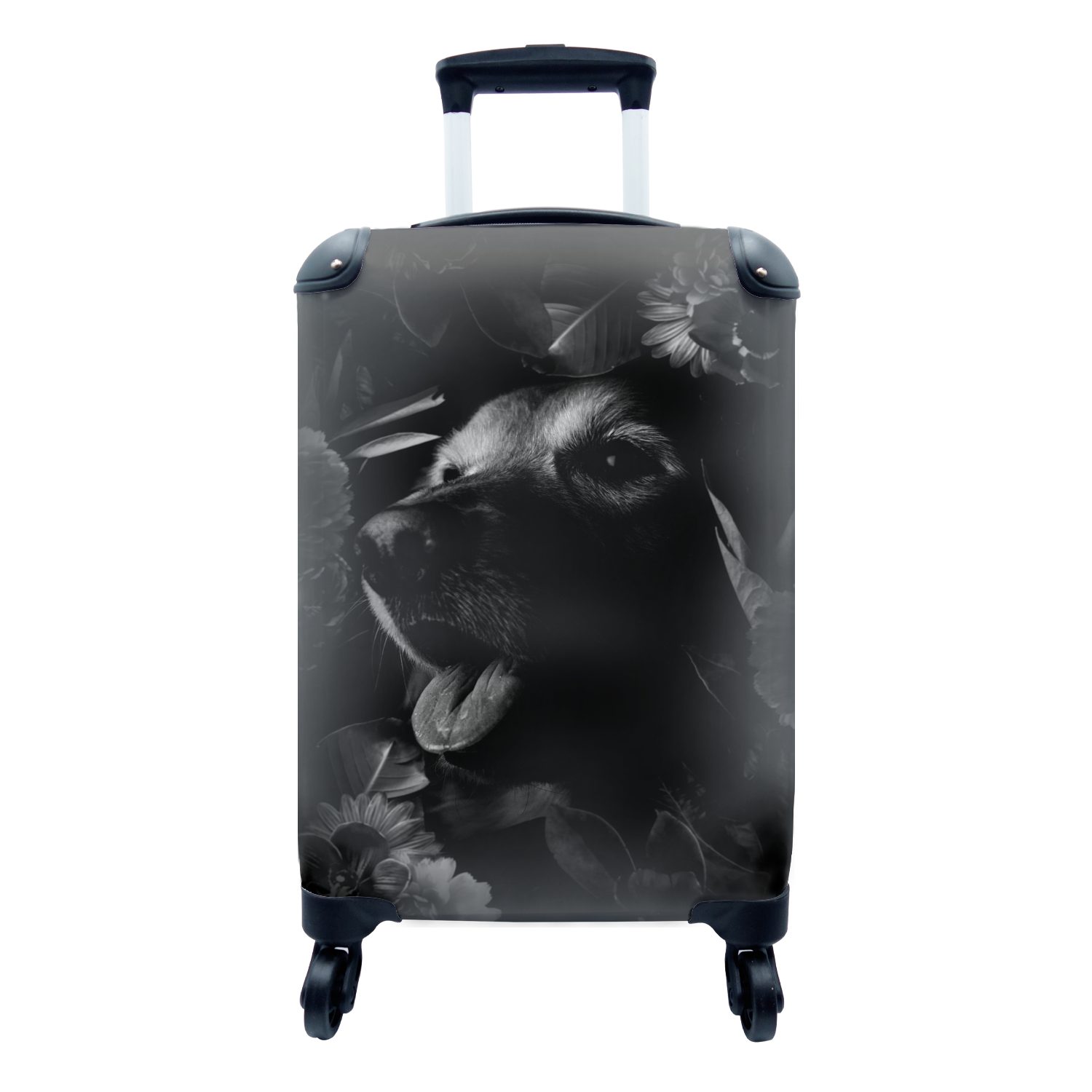 Trolley, Hintergrund Botanischer Rollen, Hund schwarz vor 4 Ferien, mit dunklem Reisekoffer MuchoWow für Handgepäck - weiß, rollen, Reisetasche und Handgepäckkoffer