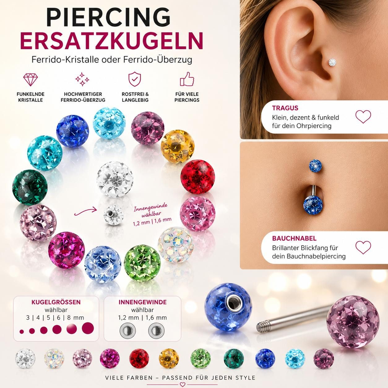 Taffstyle Piercing-Set Piercing Ersatzkugeln Ferido Kristall Schraubkugeln Innengewinde (Funkelnde Kristall Ersatzkugeln für zahlreiche Piercings mit hochwertig – Bild 4 von 4