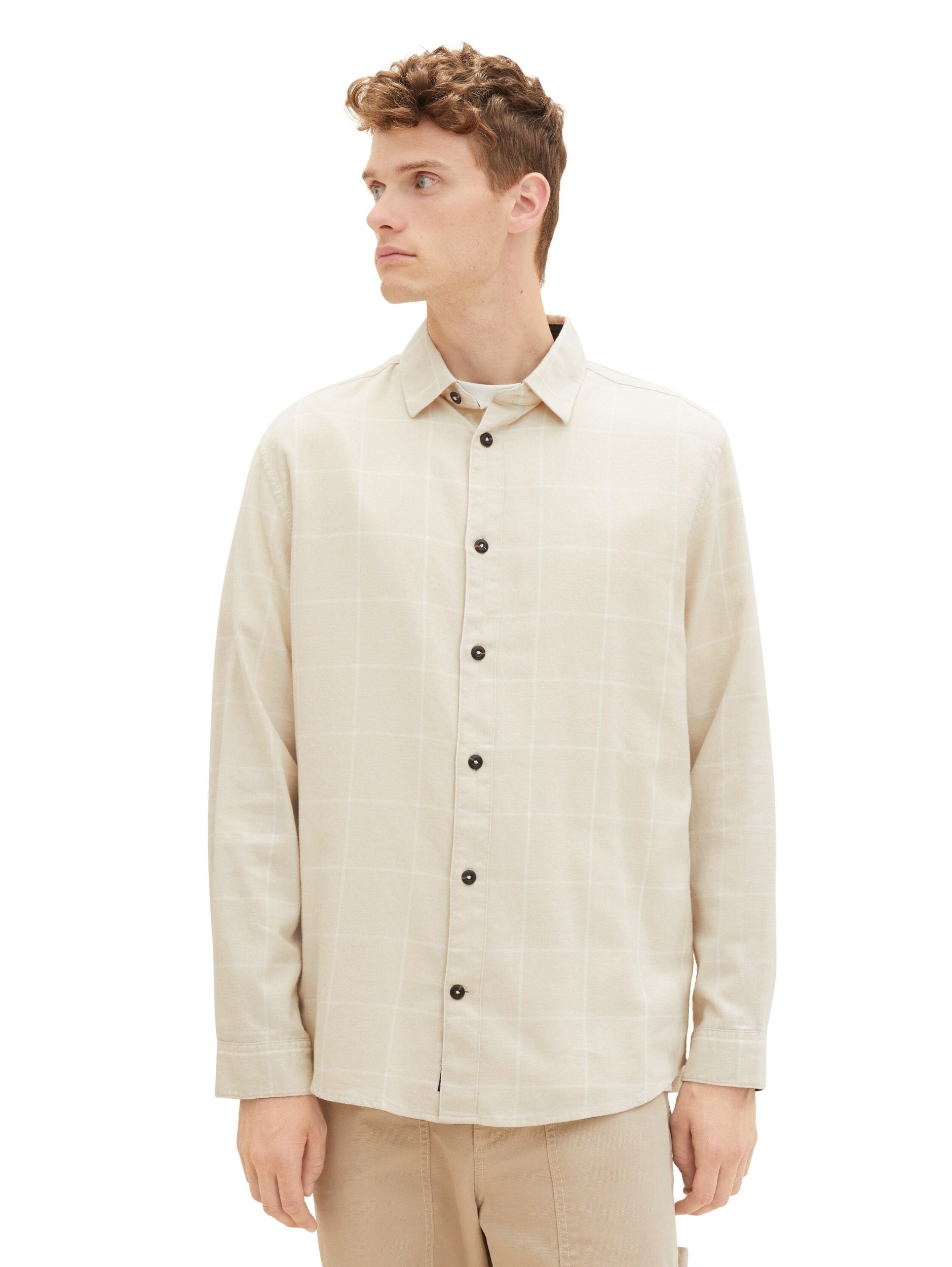 TOM TAILOR Kurzarmshirt comfort tonal shirt checked check vintage beige tonal